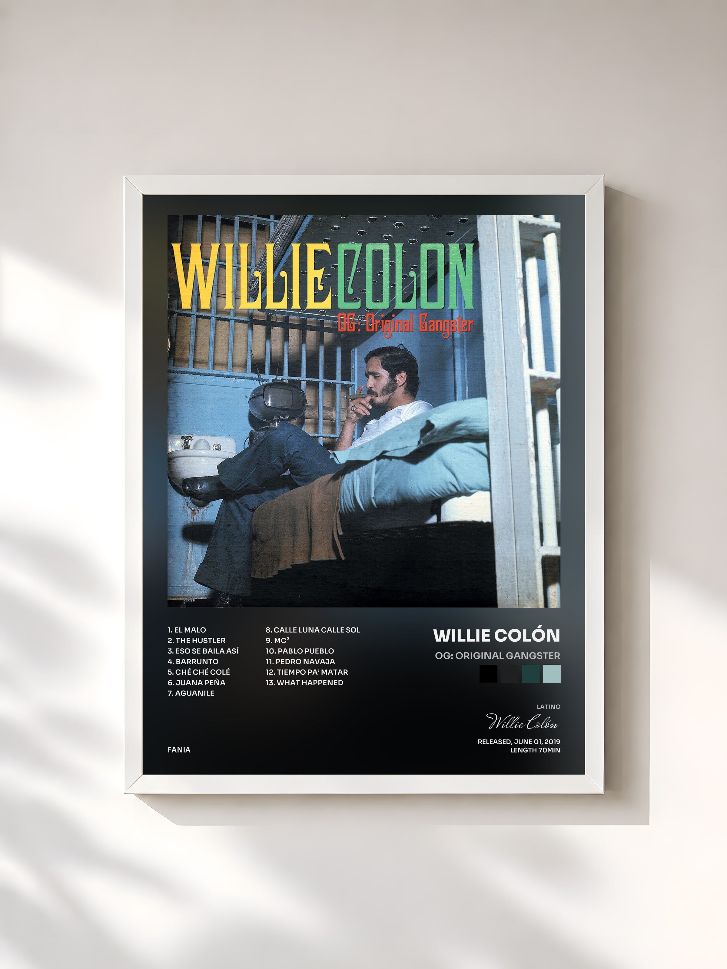 #blanc Tableau de l'album OG: Original Gangster de Willie Colón, cadre blanc, imprimé et encadré en France