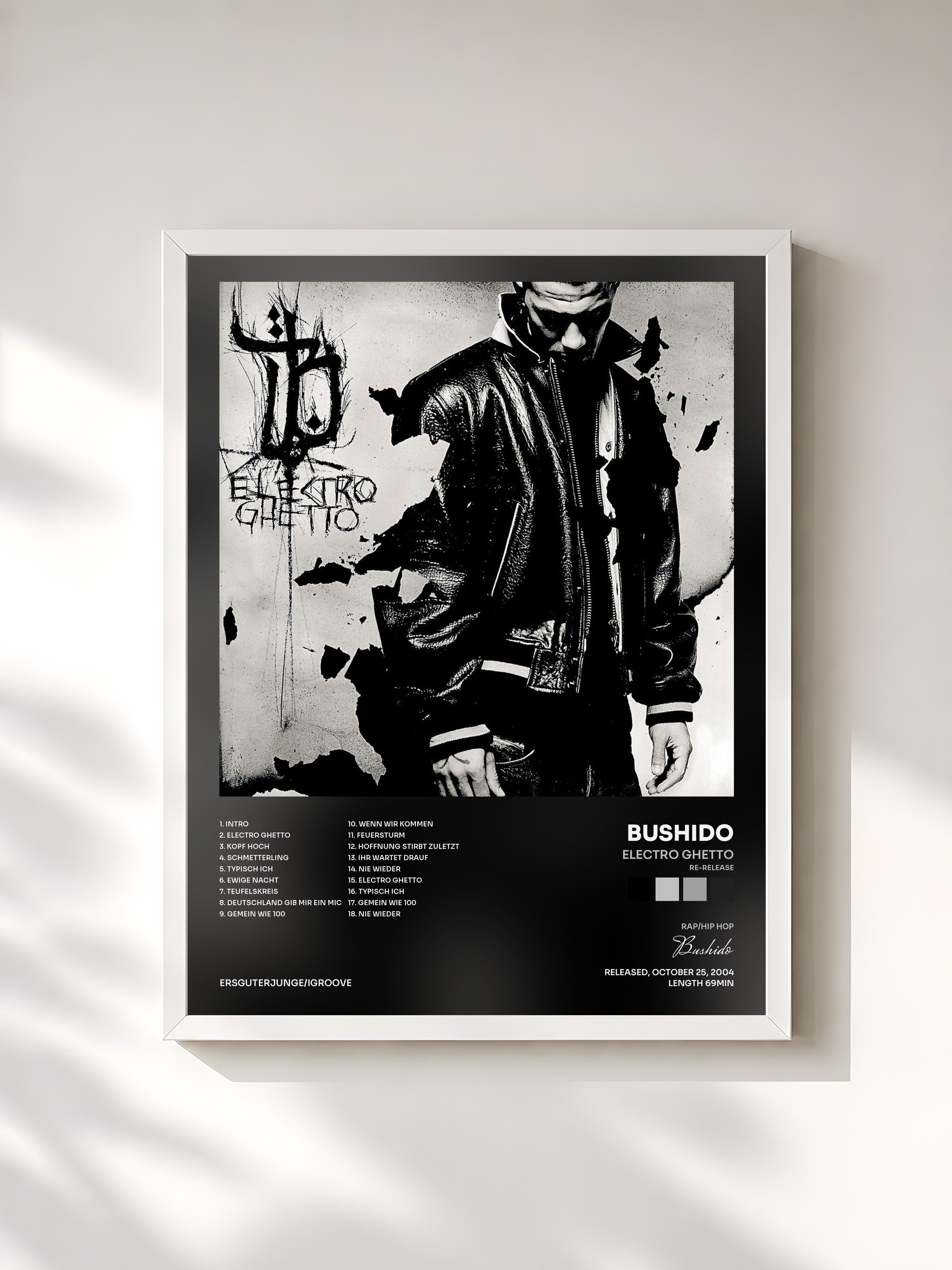 #blanc Tableau de l'album Electro Ghetto (Re-Release) de Bushido, cadre blanc, imprimé et encadré en France