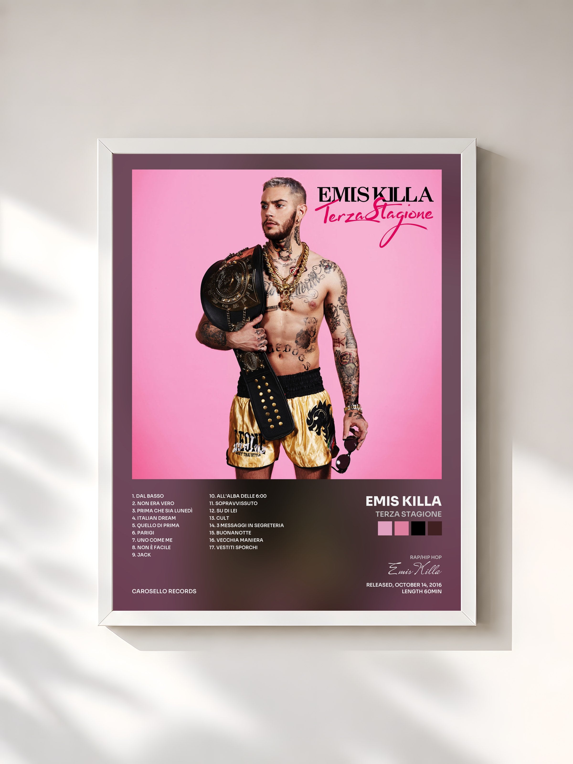 #blanc Tableau de l'album Terza Stagione de Emis Killa, cadre blanc, imprimé et encadré en France
