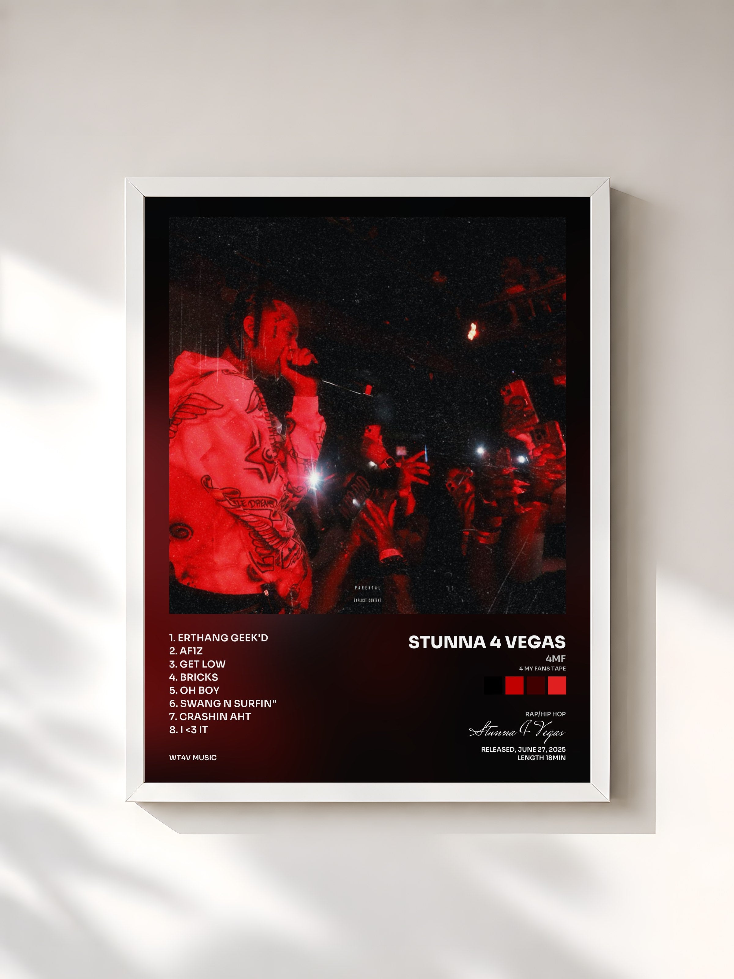#blanc Tableau de l'album 4MF (4 MY FANS TAPE) de Stunna 4 Vegas, cadre blanc, imprimé et encadré en France