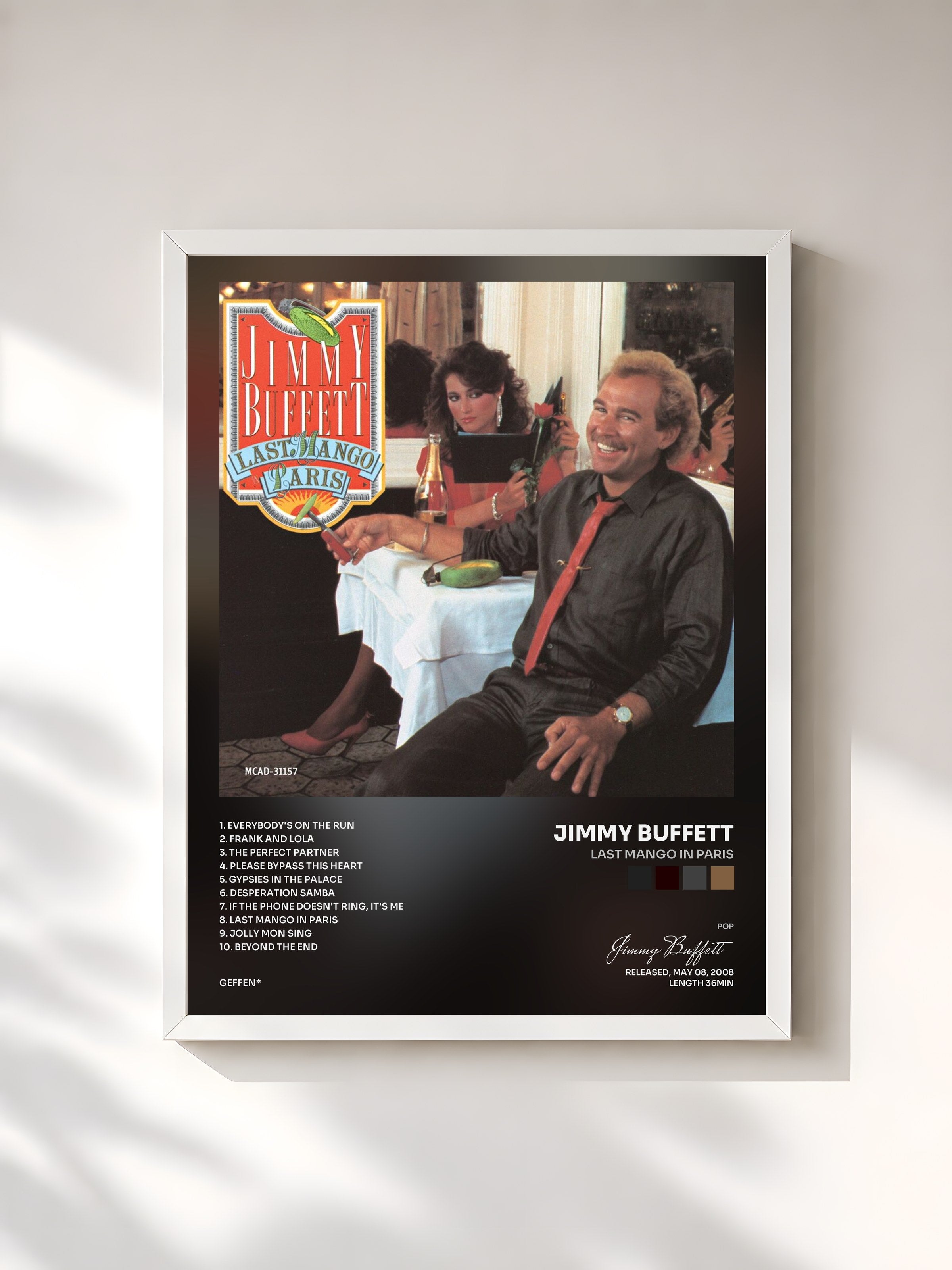 #blanc Tableau de l'album Last Mango In Paris de Jimmy Buffett, cadre blanc, imprimé et encadré en France