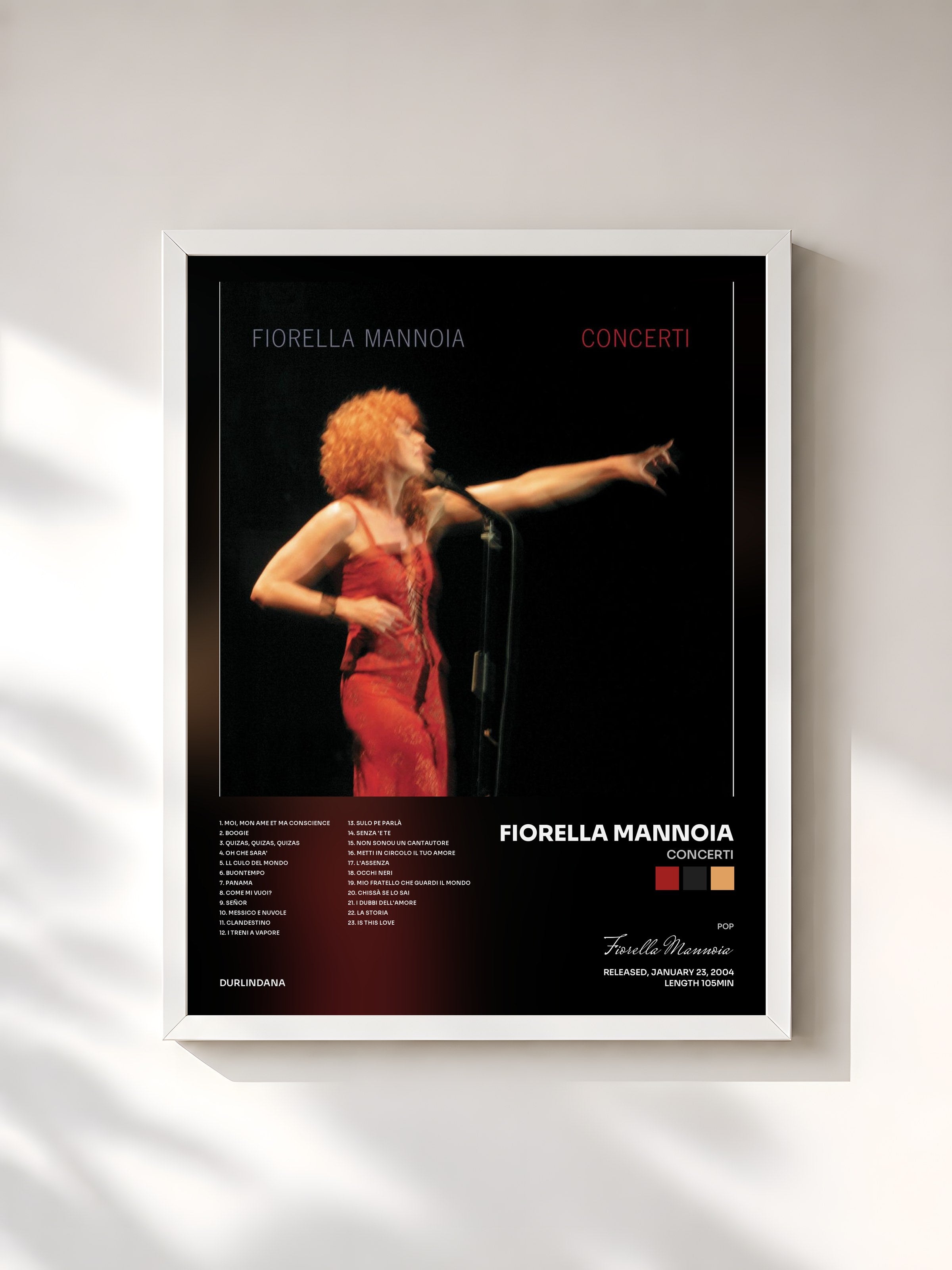 #blanc Tableau de l'album Concerti de Fiorella Mannoia, cadre blanc, imprimé et encadré en France