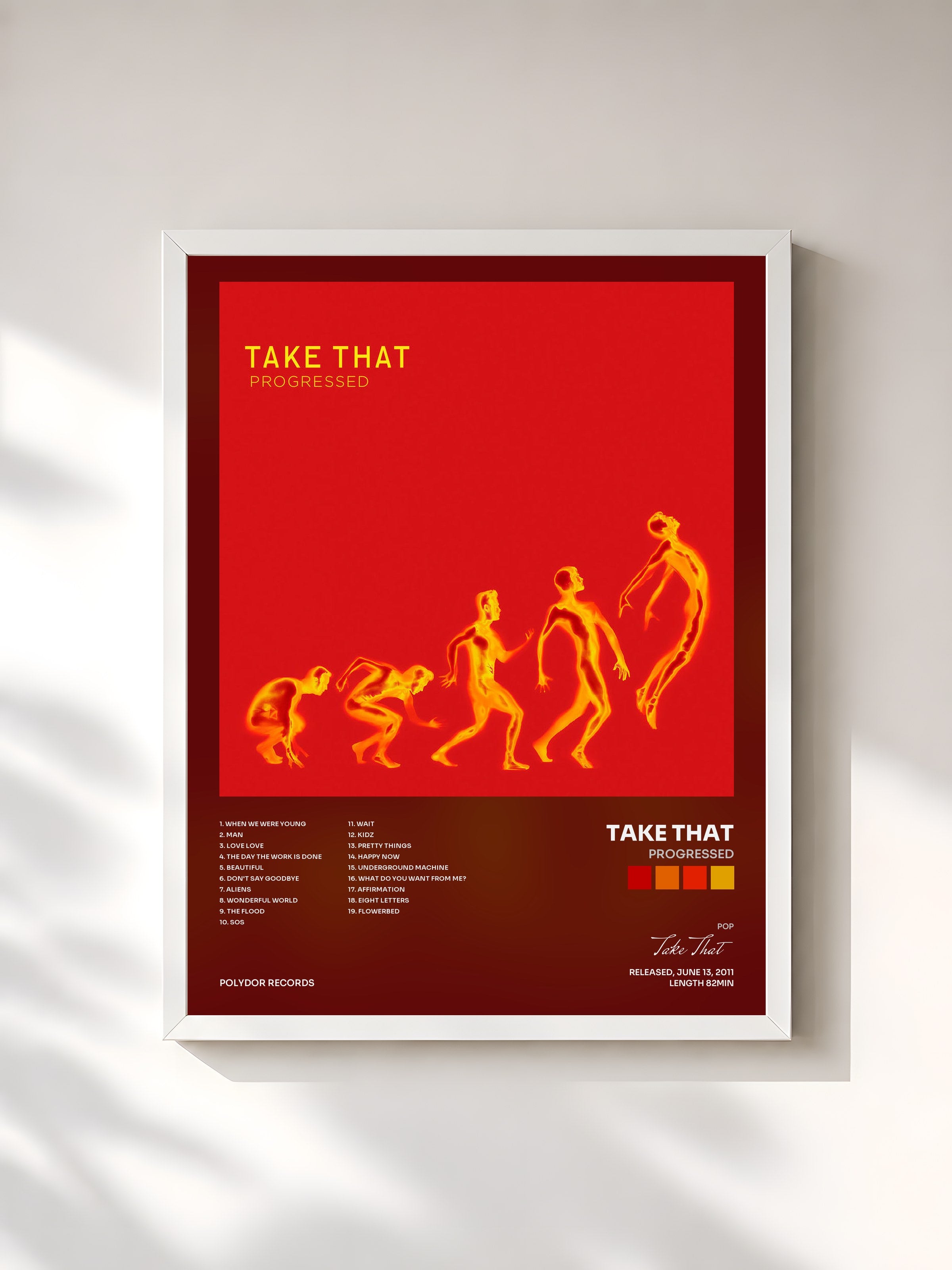 #blanc Tableau de l'album Progressed de Take That, cadre blanc, imprimé et encadré en France