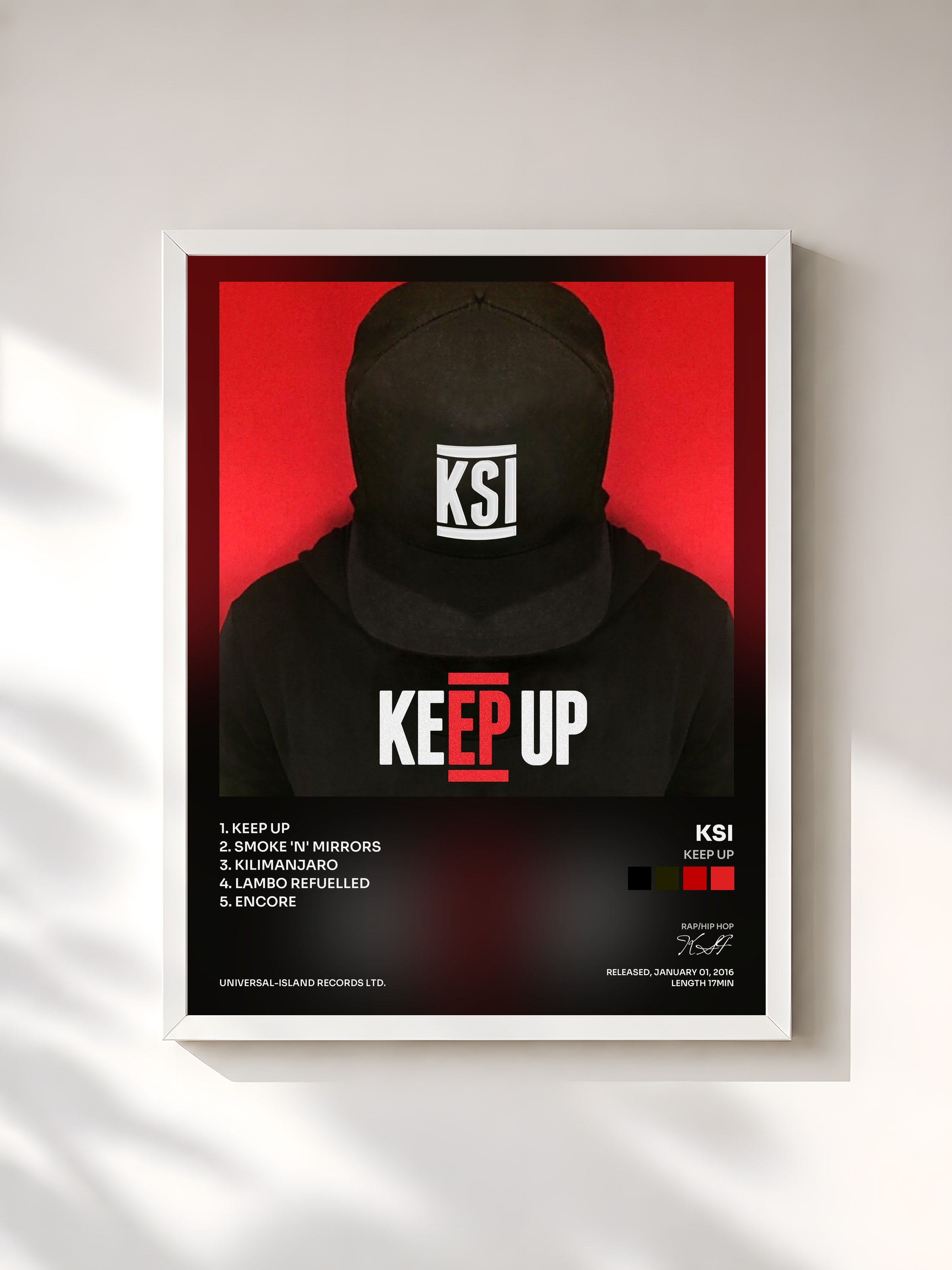 #blanc Tableau de l'album Keep Up de KSI, cadre blanc, imprimé et encadré en France