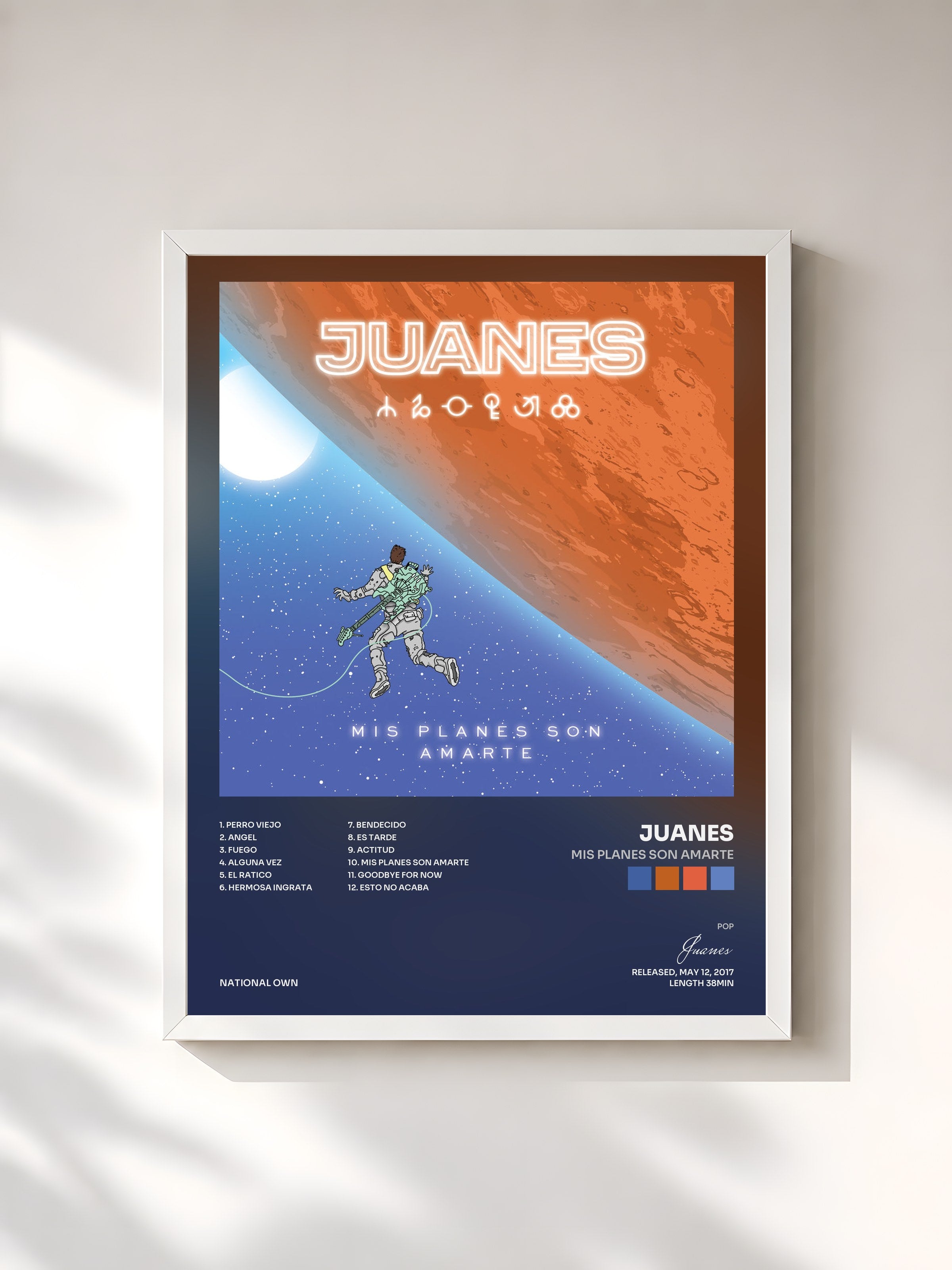 #blanc Tableau de l'album Mis Planes Son Amarte de Juanes, cadre blanc, imprimé et encadré en France