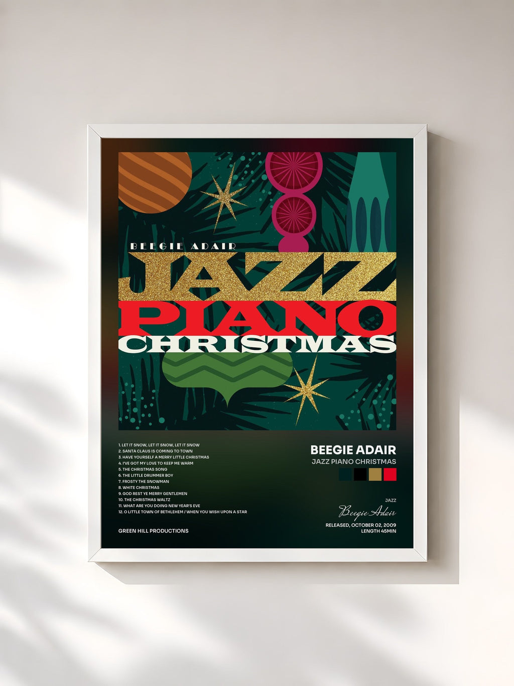 #blanc Tableau de l'album Jazz Piano Christmas de Beegie Adair, cadre blanc, imprimé et encadré en France