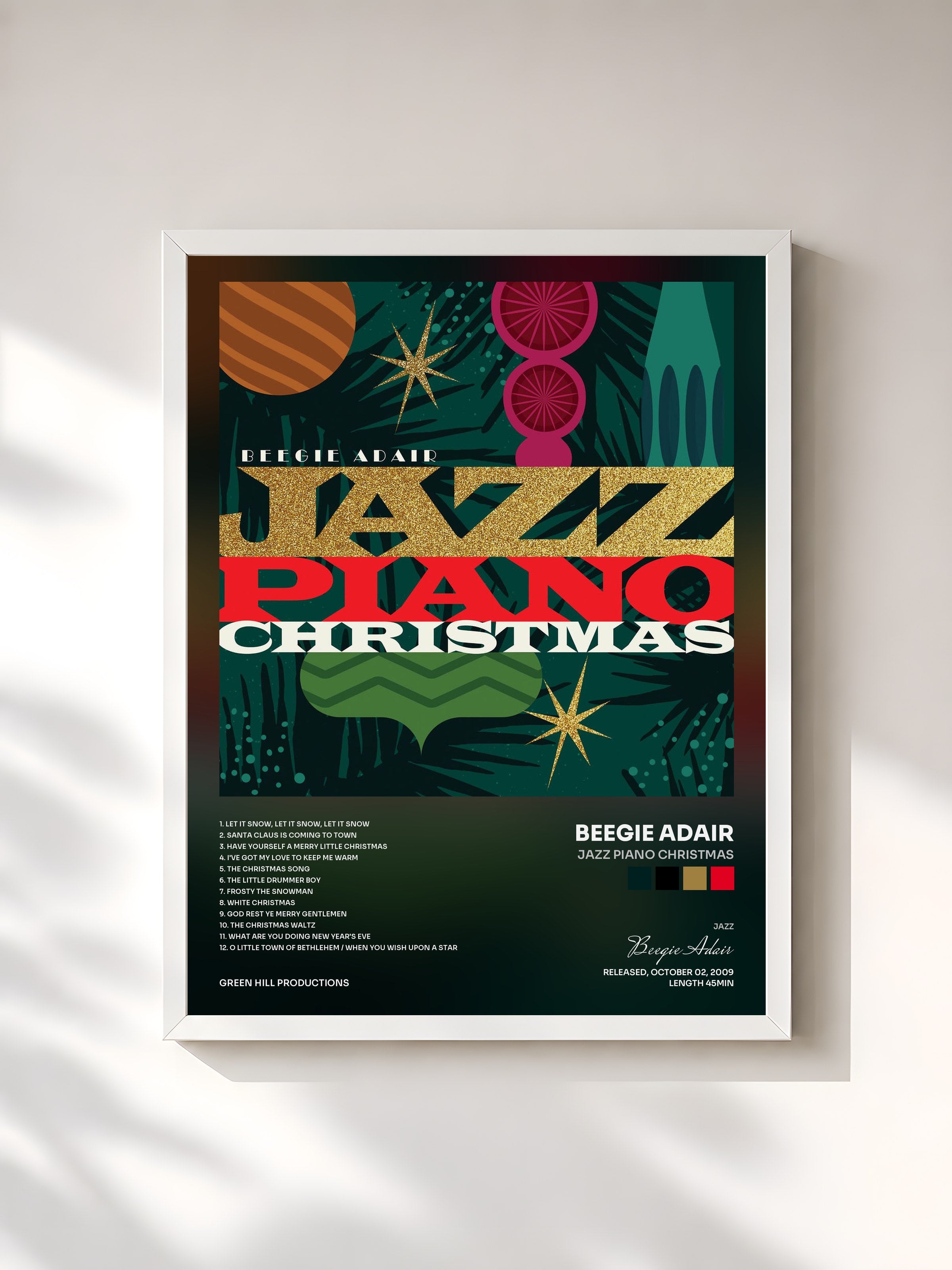 #blanc Tableau de l'album Jazz Piano Christmas de Beegie Adair, cadre blanc, imprimé et encadré en France