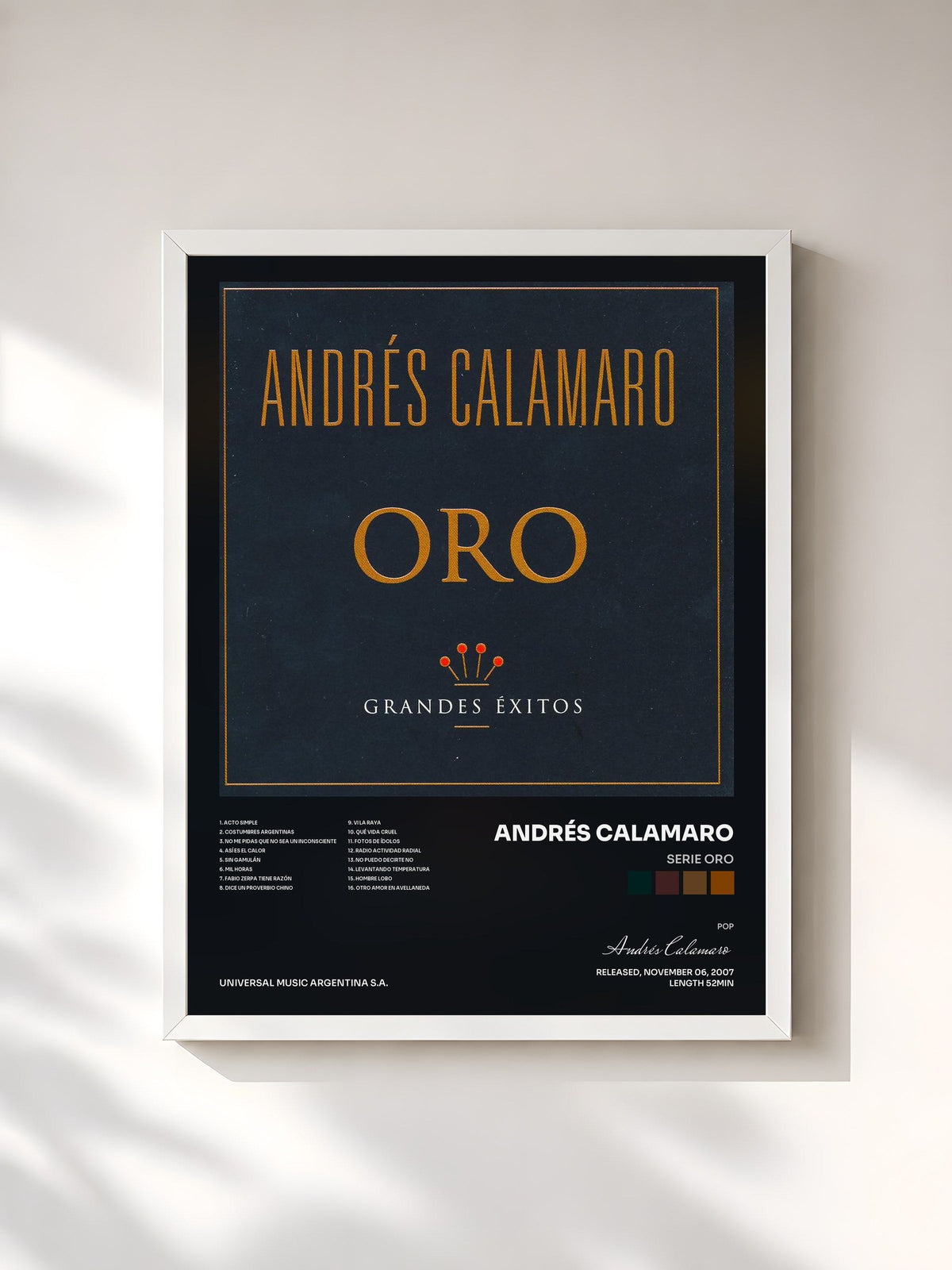 #blanc Tableau de l'album Serie Oro de Andrés Calamaro, cadre blanc, imprimé et encadré en France