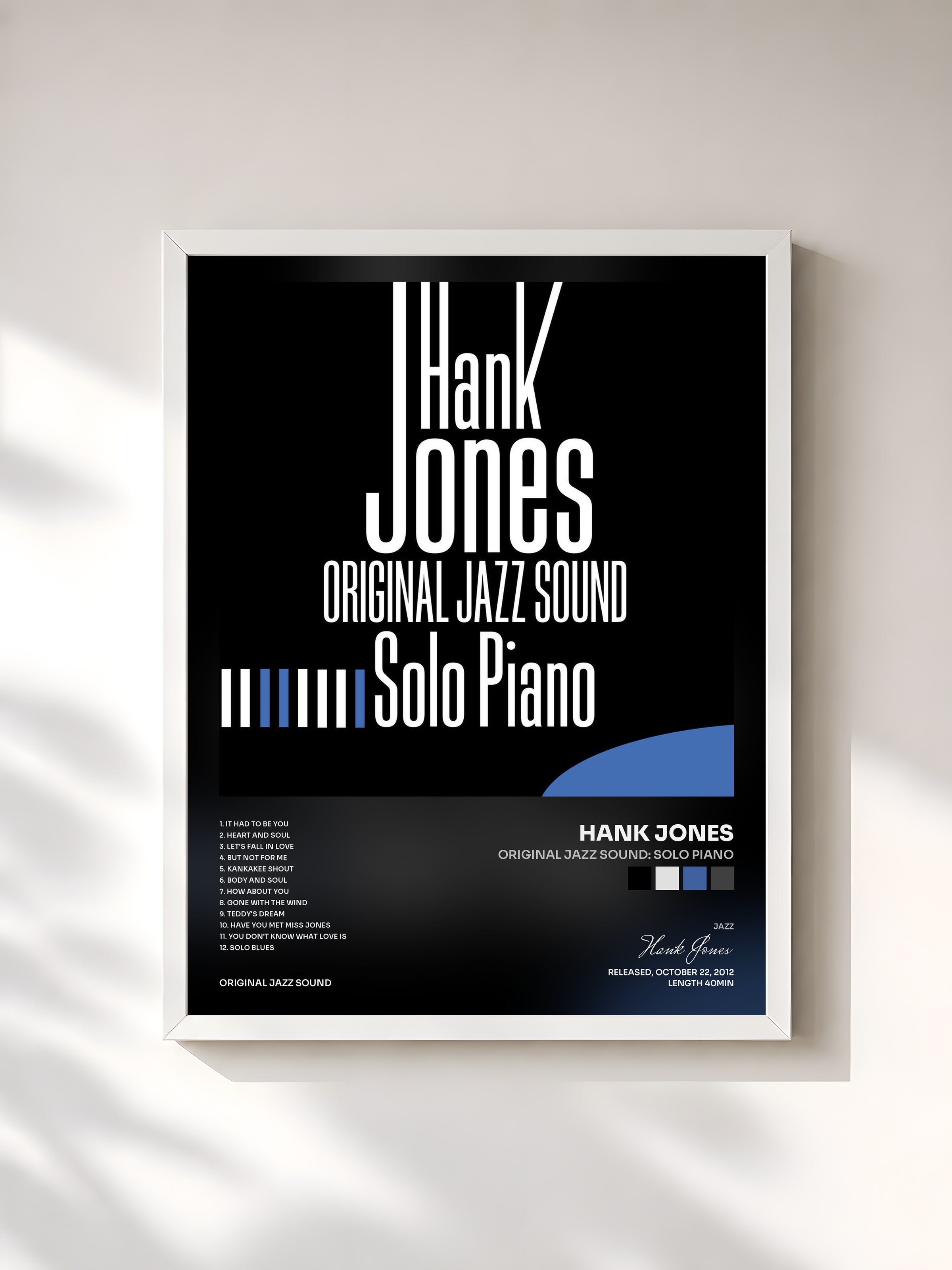 #blanc Tableau de l'album Original Jazz Sound: Solo Piano de Hank Jones, cadre blanc, imprimé et encadré en France