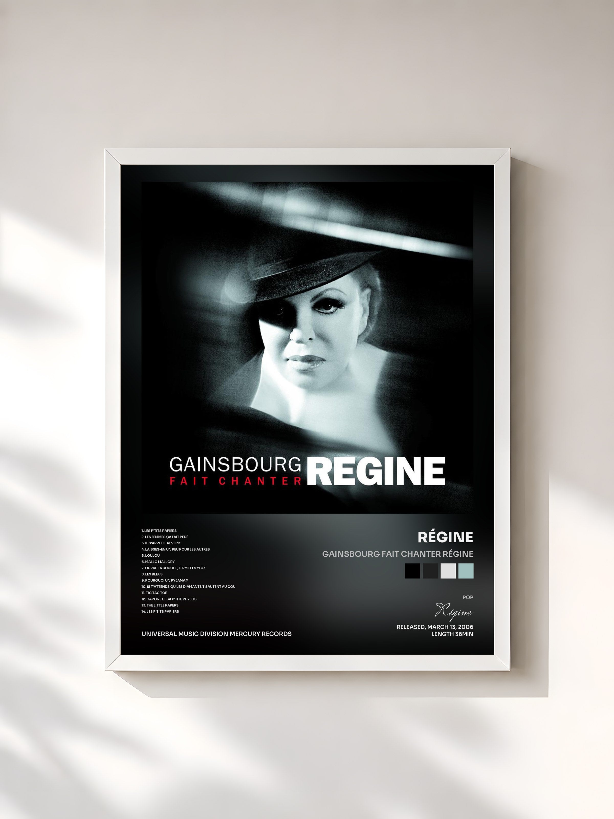 #blanc Tableau de l'album Gainsbourg Fait Chanter Régine de Régine, cadre blanc, imprimé et encadré en France