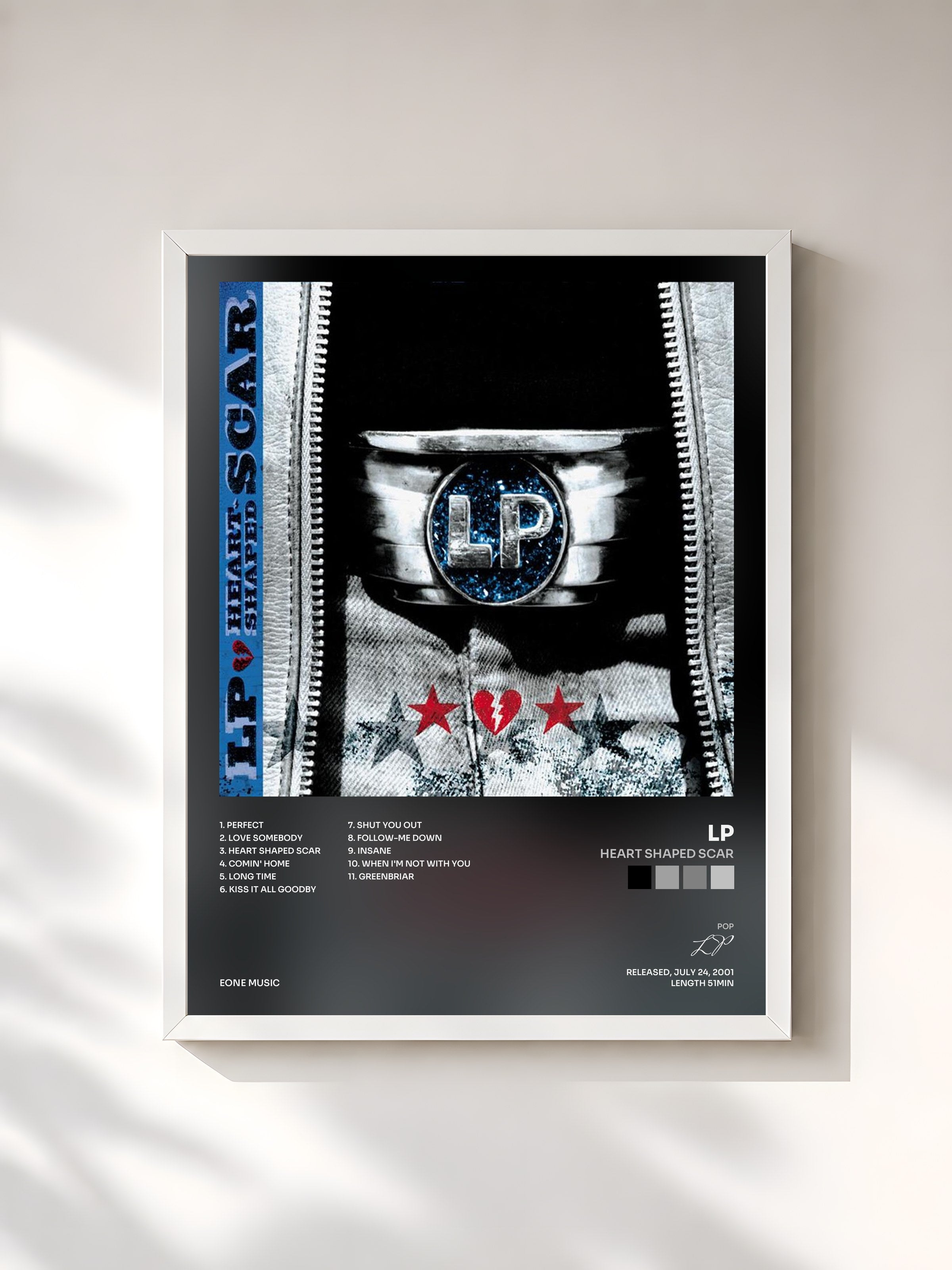 #blanc Tableau de l'album Heart Shaped Scar de LP, cadre blanc, imprimé et encadré en France