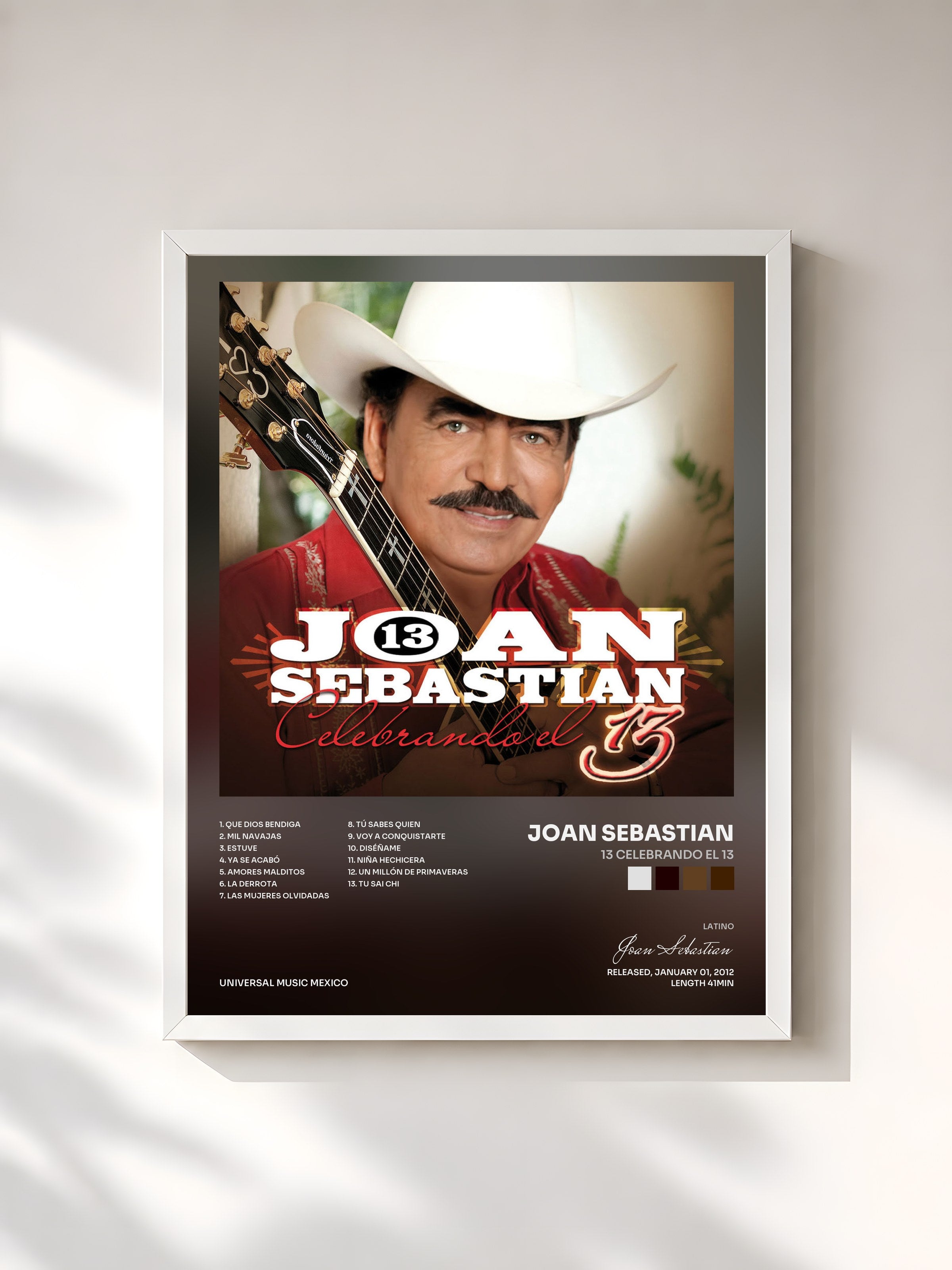 #blanc Tableau de l'album 13 Celebrando El 13 de Joan Sebastian, cadre blanc, imprimé et encadré en France