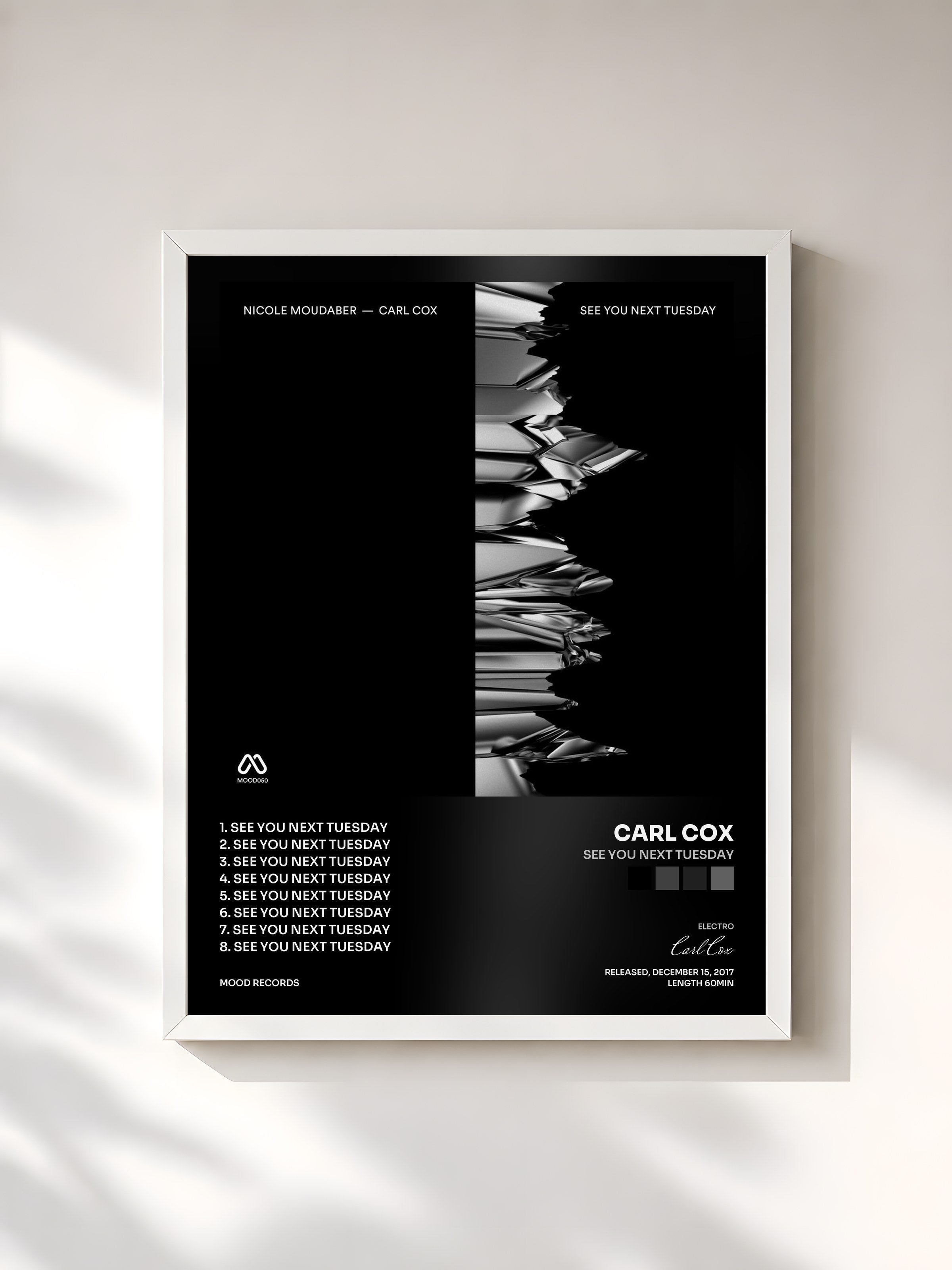 #blanc Tableau de l'album See You Next Tuesday de Carl Cox, cadre blanc, imprimé et encadré en France