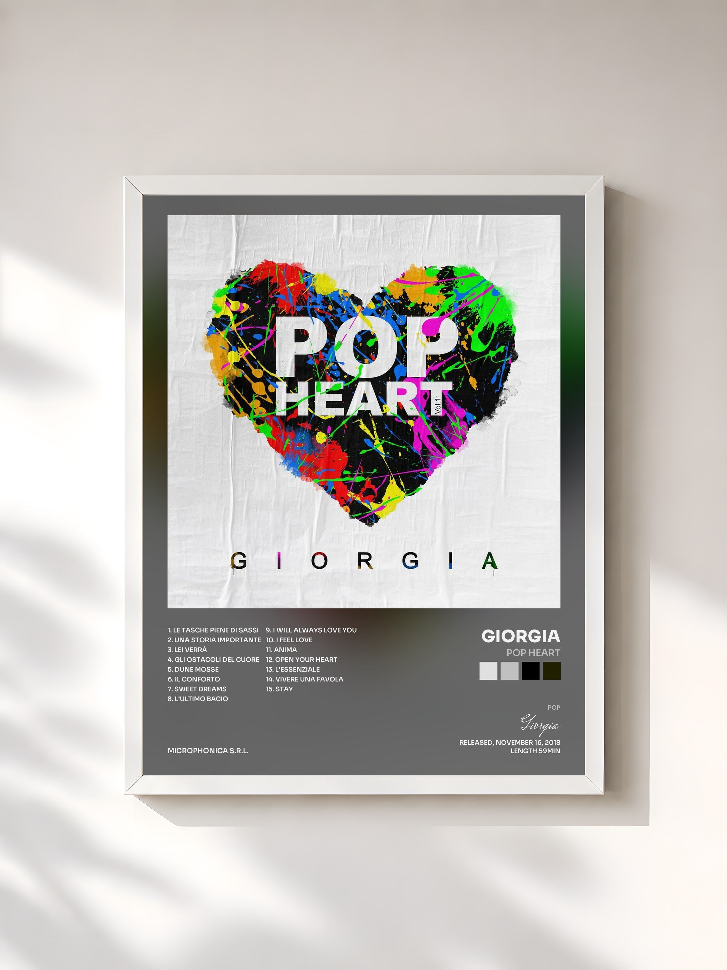 #blanc Tableau de l'album Pop Heart de Giorgia, cadre blanc, imprimé et encadré en France