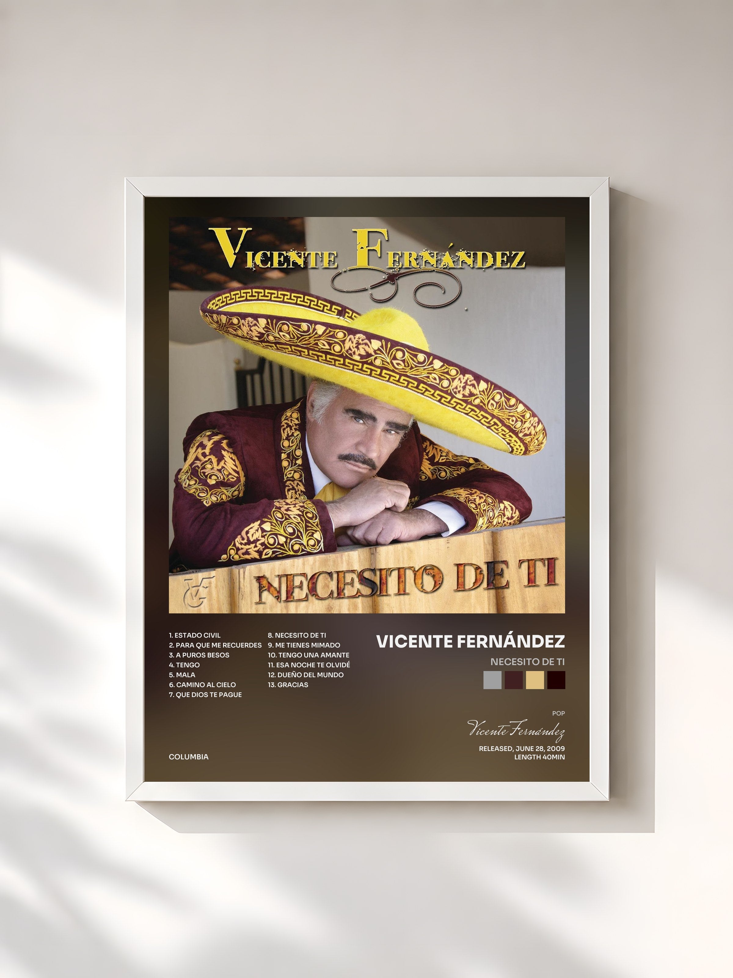 #blanc Tableau de l'album Necesito De Ti de Vicente Fernández, cadre blanc, imprimé et encadré en France