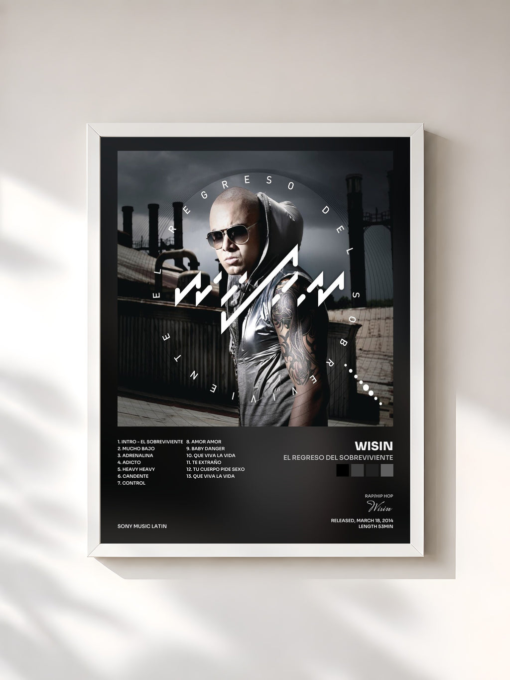 #blanc Tableau de l'album El Regreso del Sobreviviente de Wisin, cadre blanc, imprimé et encadré en France