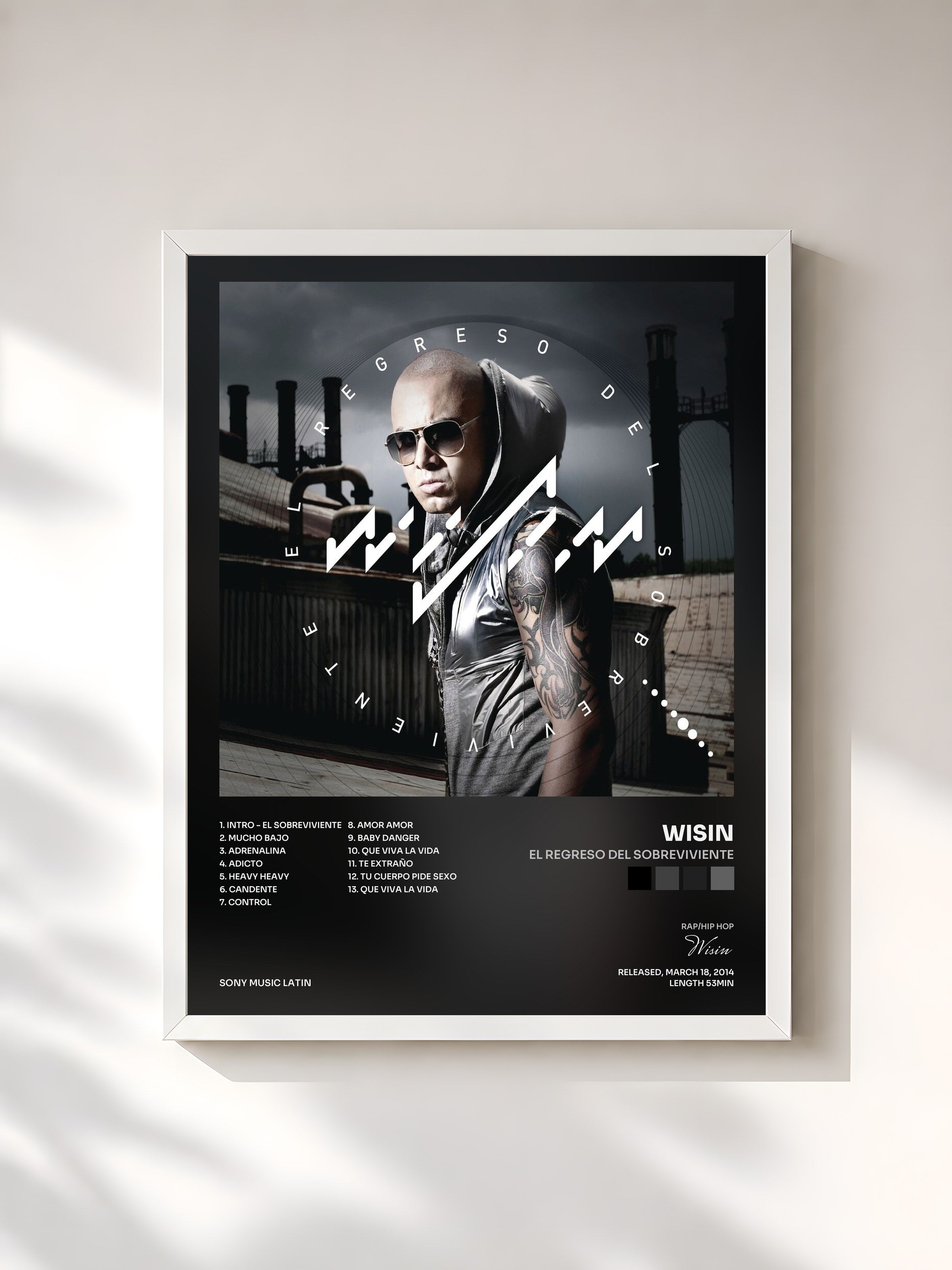 #blanc Tableau de l'album El Regreso del Sobreviviente de Wisin, cadre blanc, imprimé et encadré en France