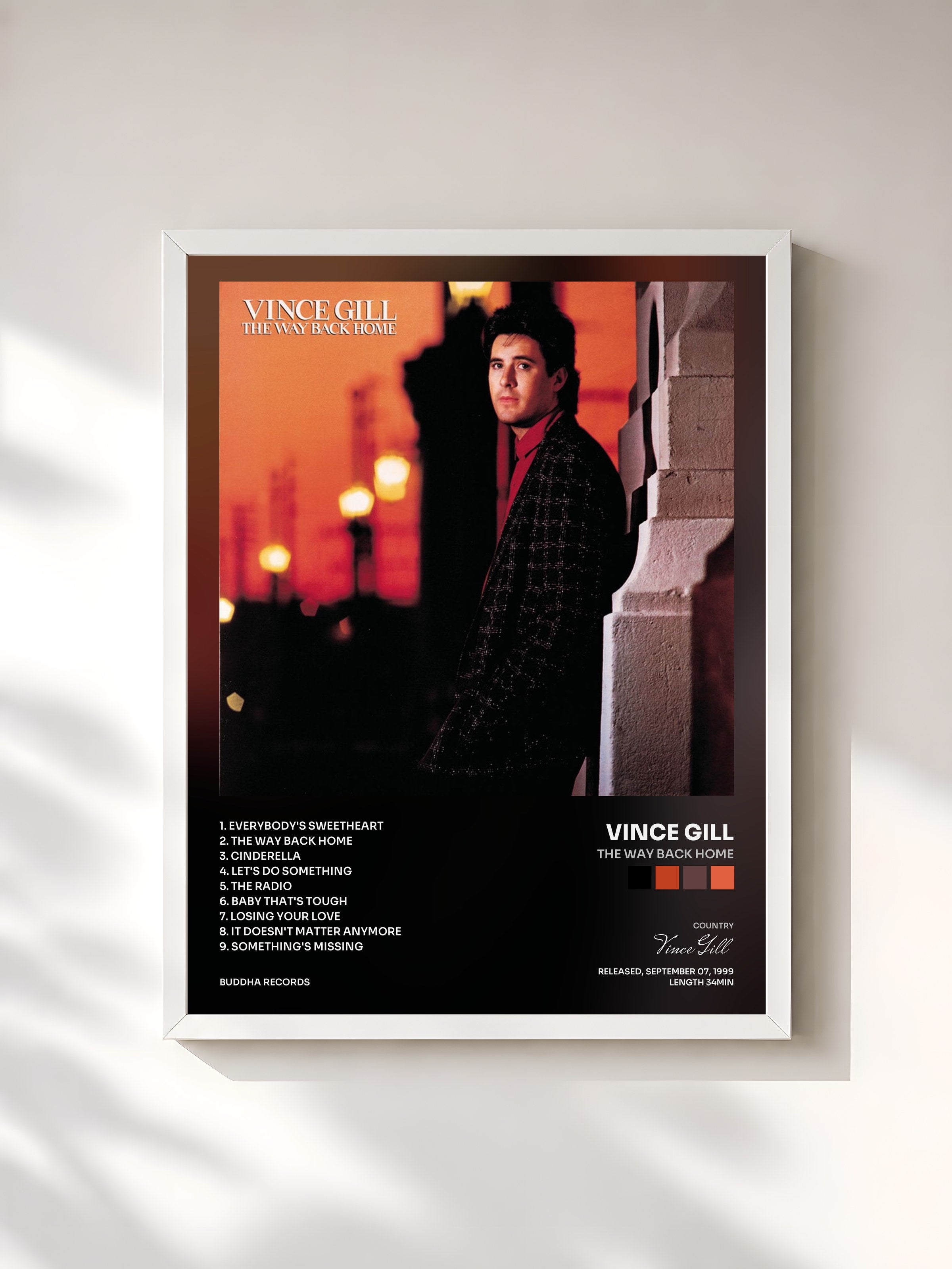 #blanc Tableau de l'album The Way Back Home de Vince Gill, cadre blanc, imprimé et encadré en France