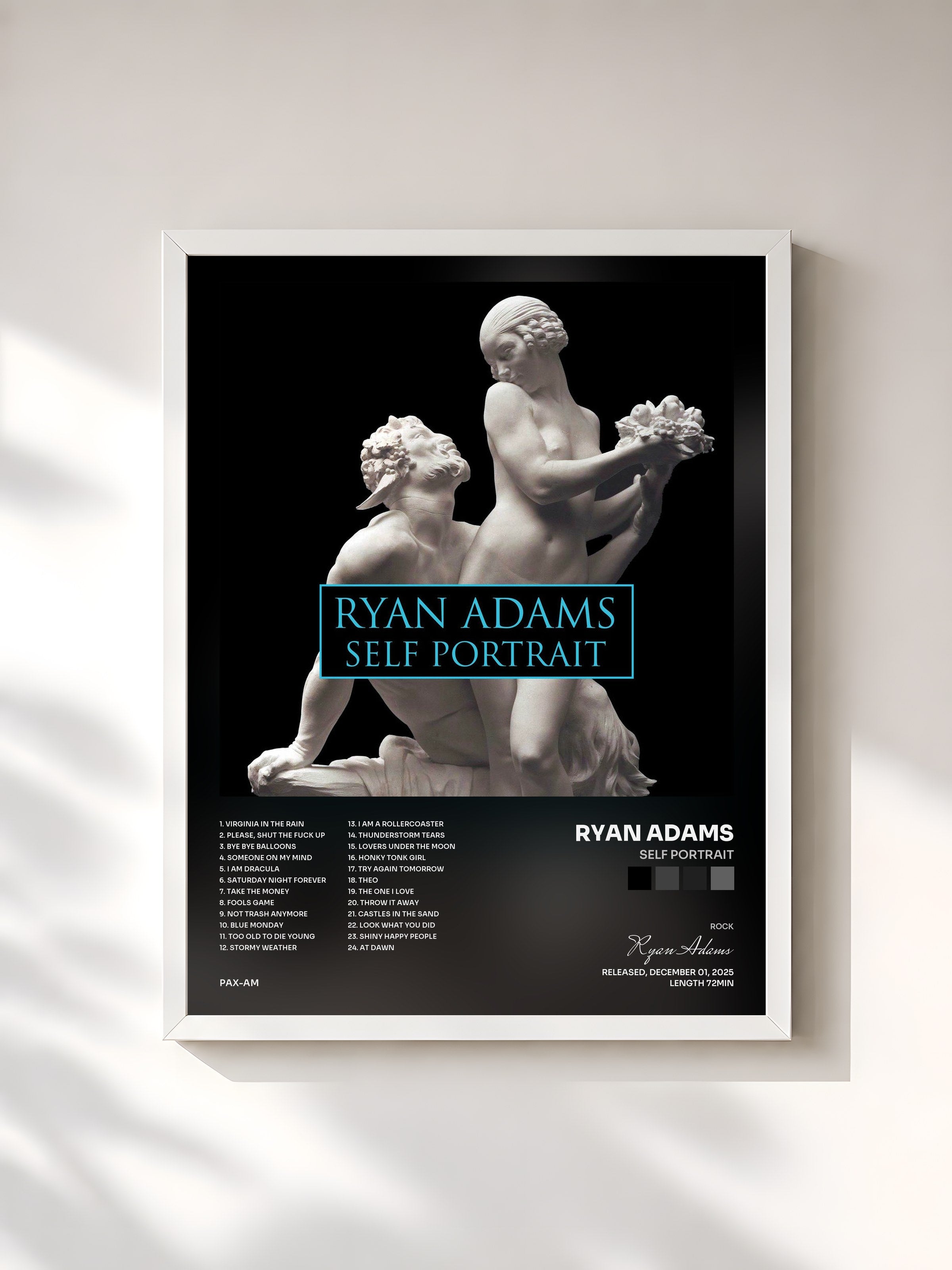 #blanc Tableau de l'album Self Portrait de Ryan Adams, cadre blanc, imprimé et encadré en France