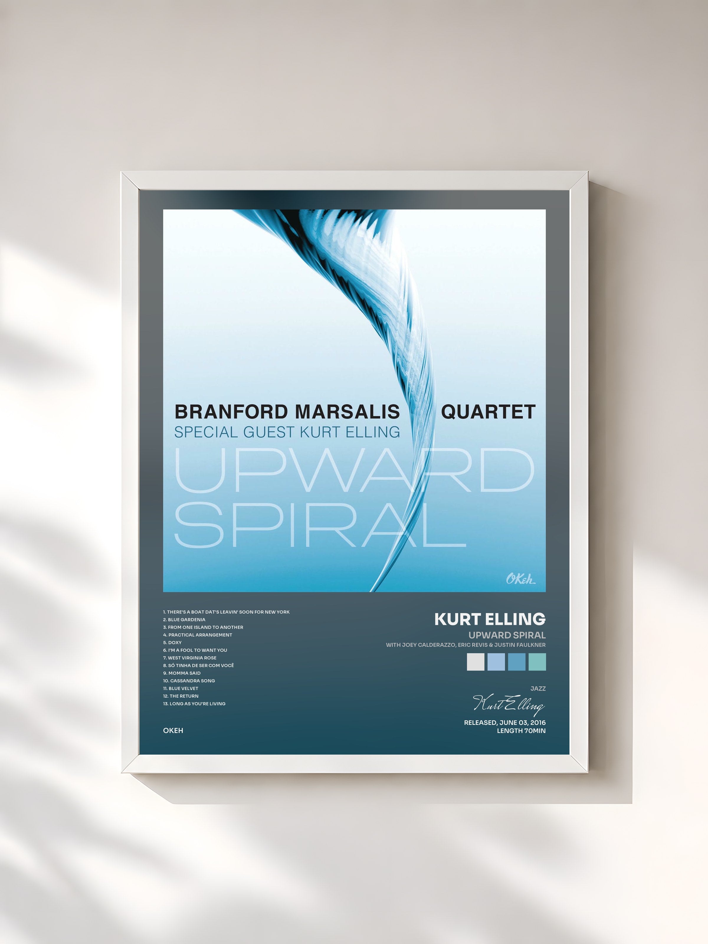 #blanc Tableau de l'album Upward Spiral (with Joey Calderazzo, Eric Revis & Justin Faulkner) de Kurt Elling, cadre blanc, imprimé et encadré en France
