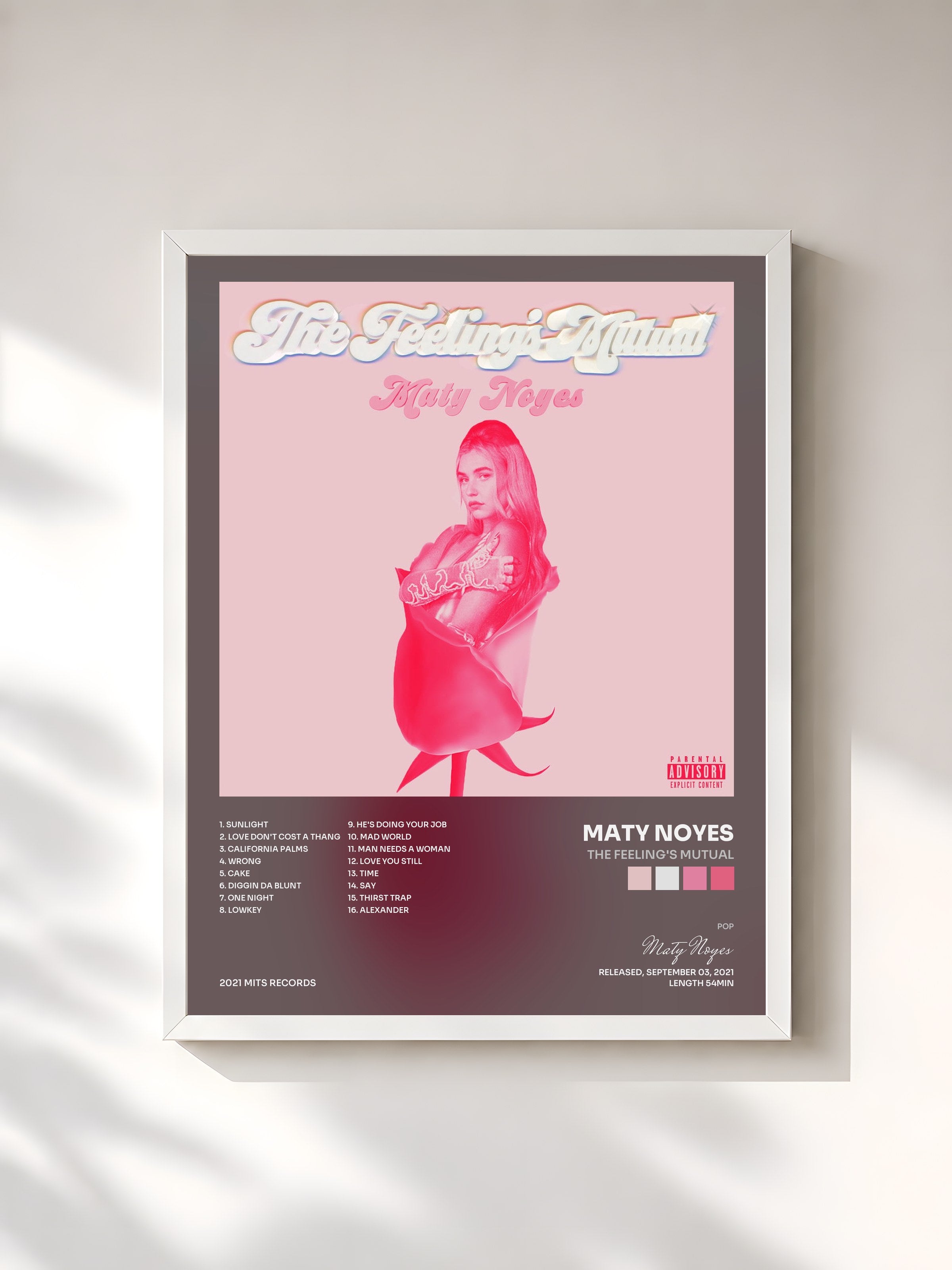 #blanc Tableau de l'album The Feeling's Mutual de Maty Noyes, cadre blanc, imprimé et encadré en France