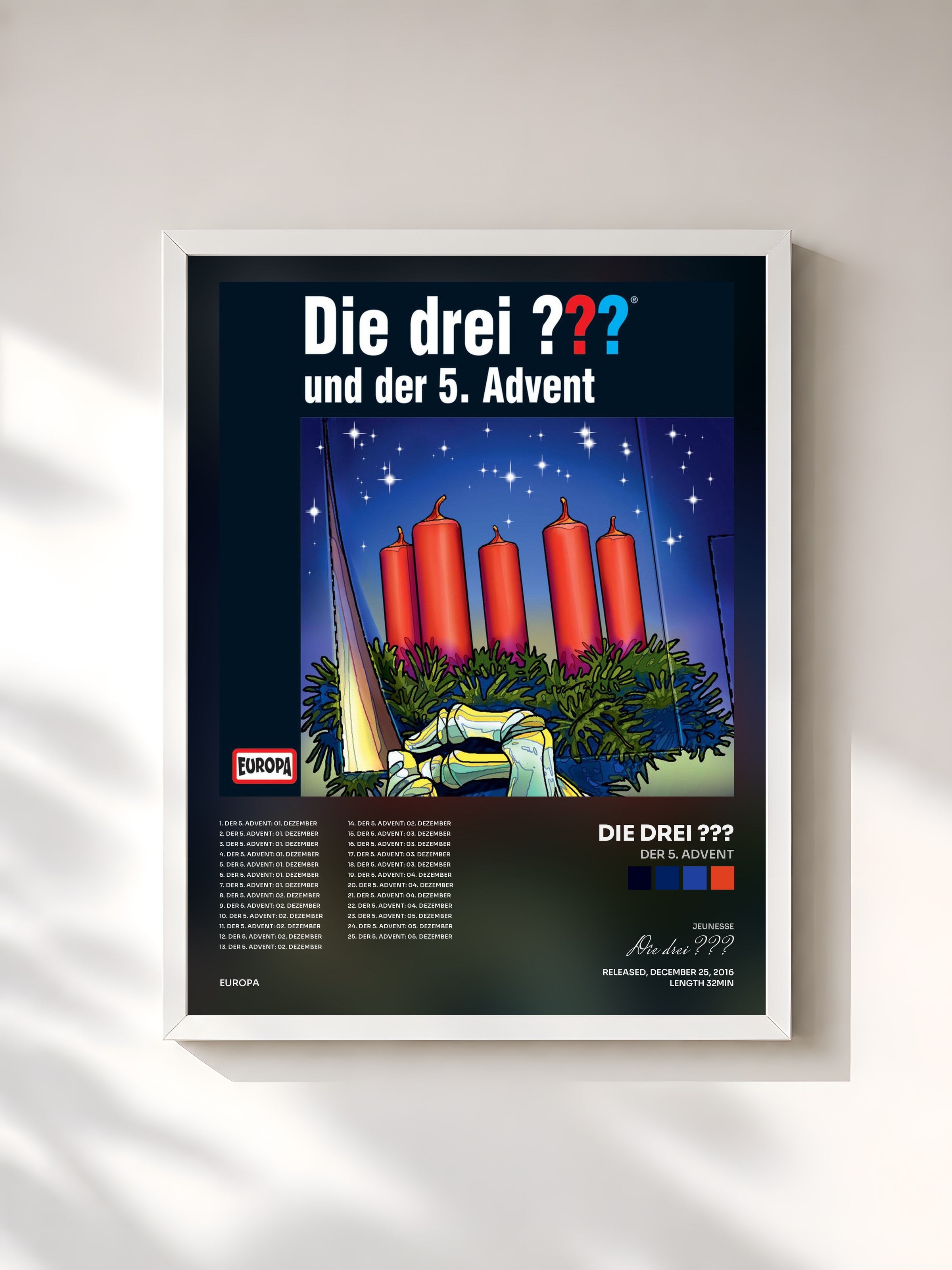 #blanc Tableau de l'album Der 5. Advent de Die drei ???, cadre blanc, imprimé et encadré en France
