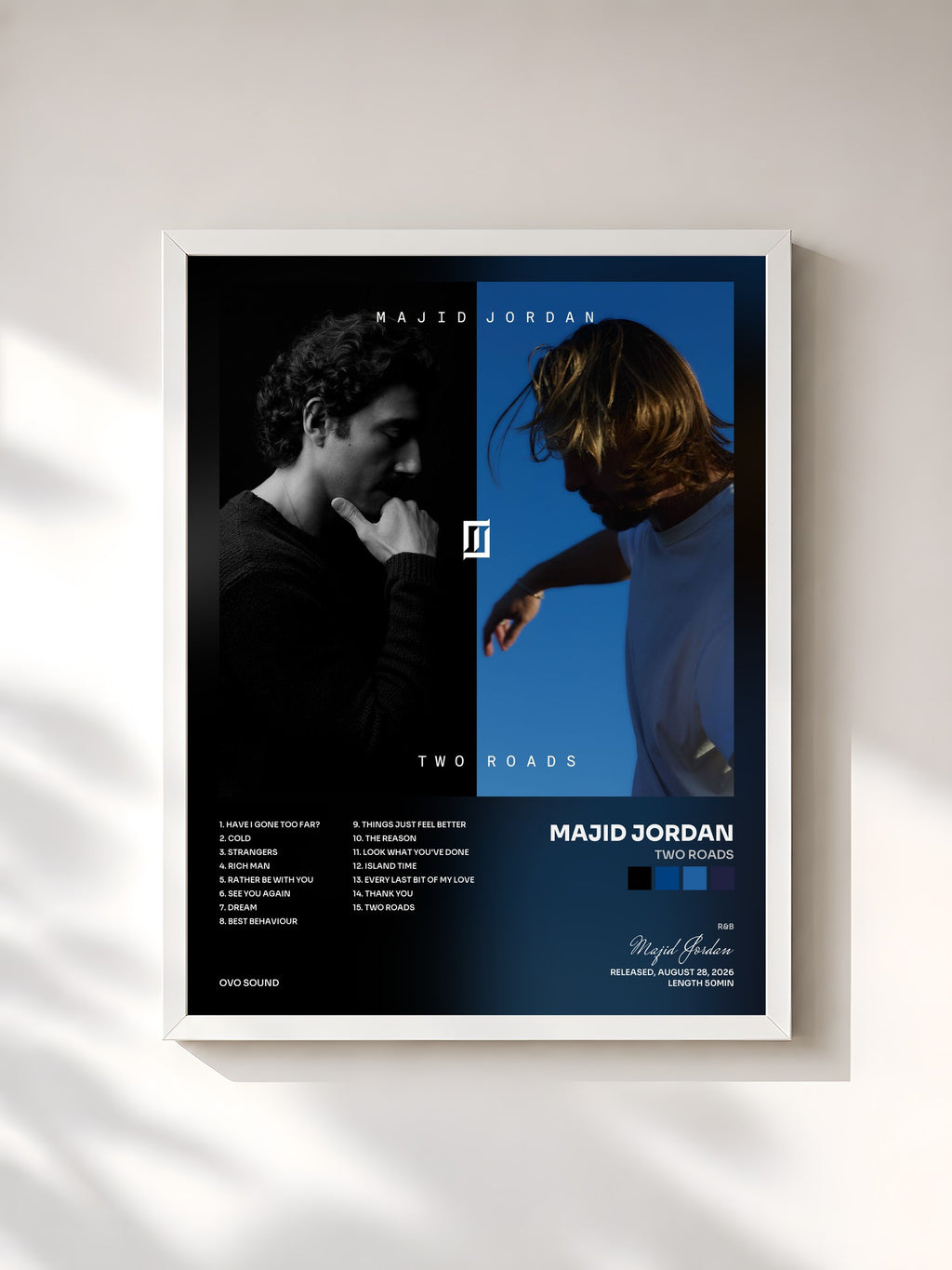 #blanc Tableau de l'album Two Roads de Majid Jordan, cadre blanc, imprimé et encadré en France