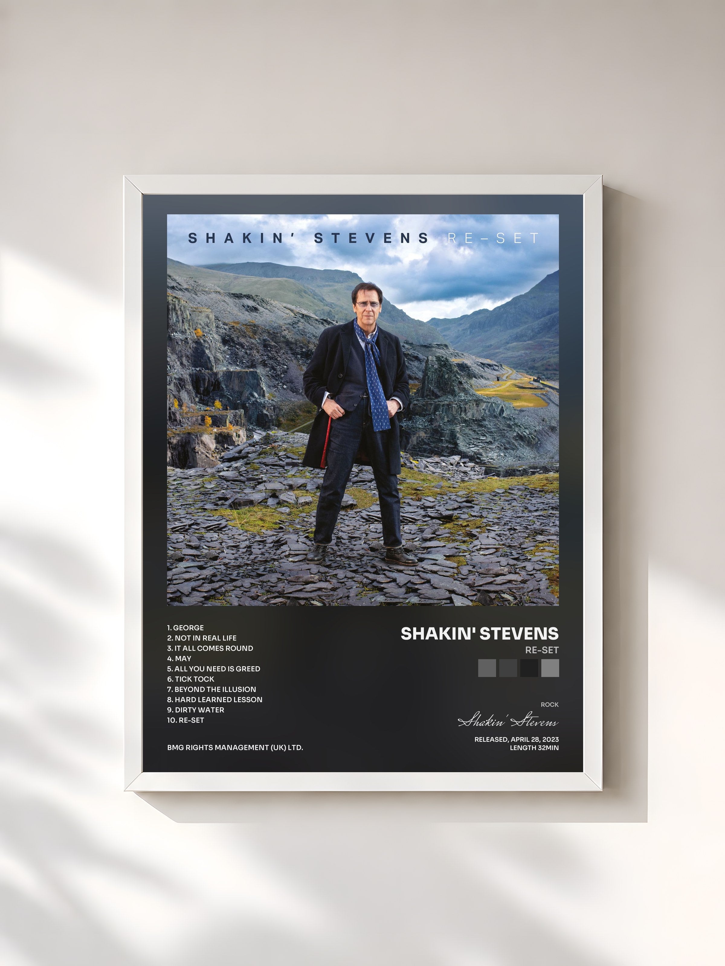 #blanc Tableau de l'album Re-Set de Shakin' Stevens, cadre blanc, imprimé et encadré en France