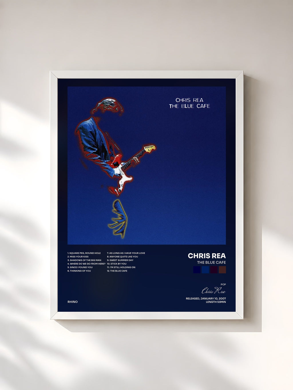 #blanc Tableau de l'album The Blue Cafe de Chris Rea, cadre blanc, imprimé et encadré en France