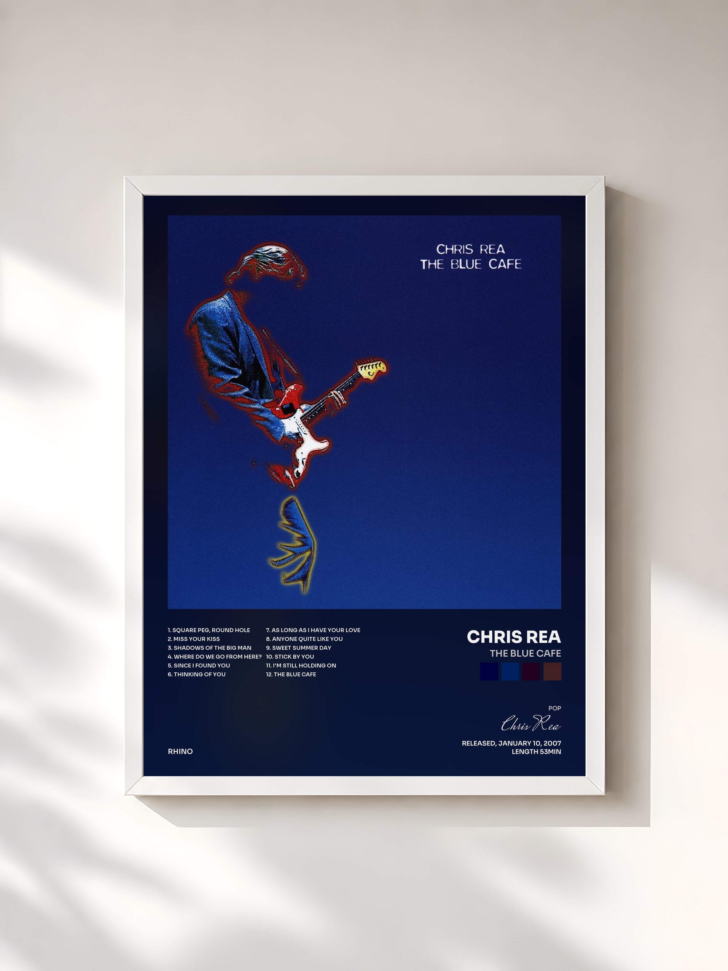 #blanc Tableau de l'album The Blue Cafe de Chris Rea, cadre blanc, imprimé et encadré en France