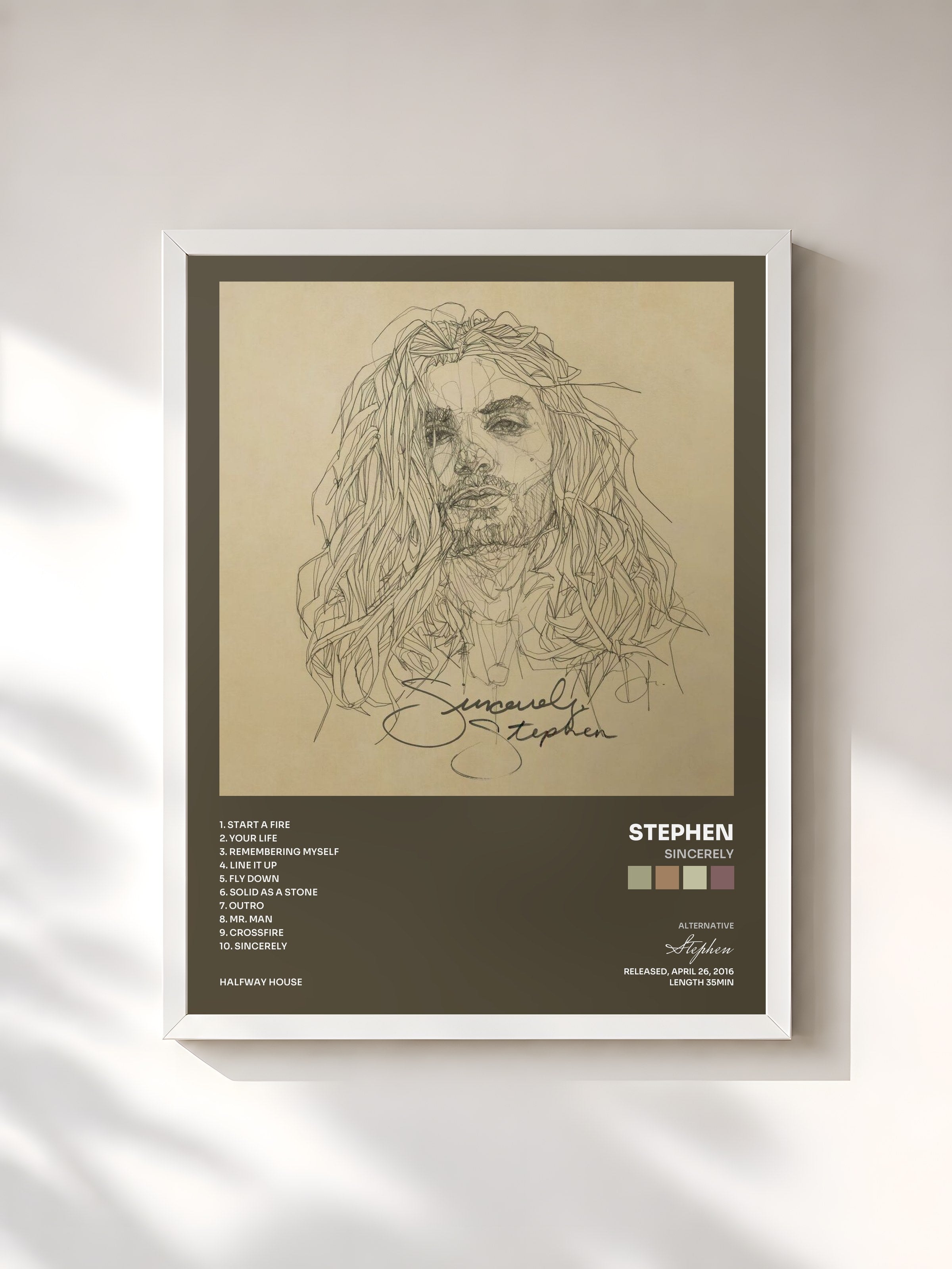#blanc Tableau de l'album Sincerely de Stephen, cadre blanc, imprimé et encadré en France