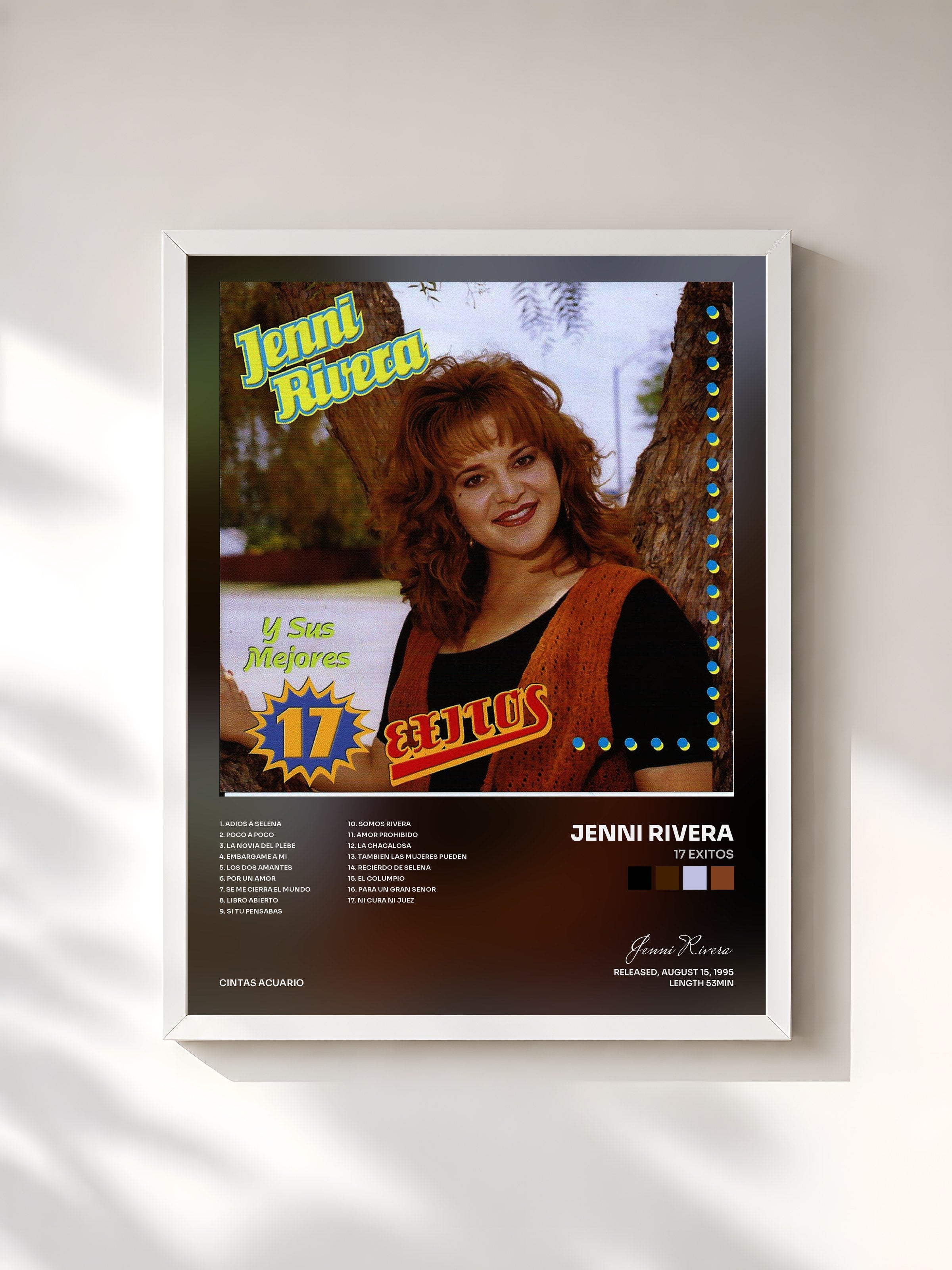 #blanc Tableau de l'album 17 Exitos de Jenni Rivera, cadre blanc, imprimé et encadré en France