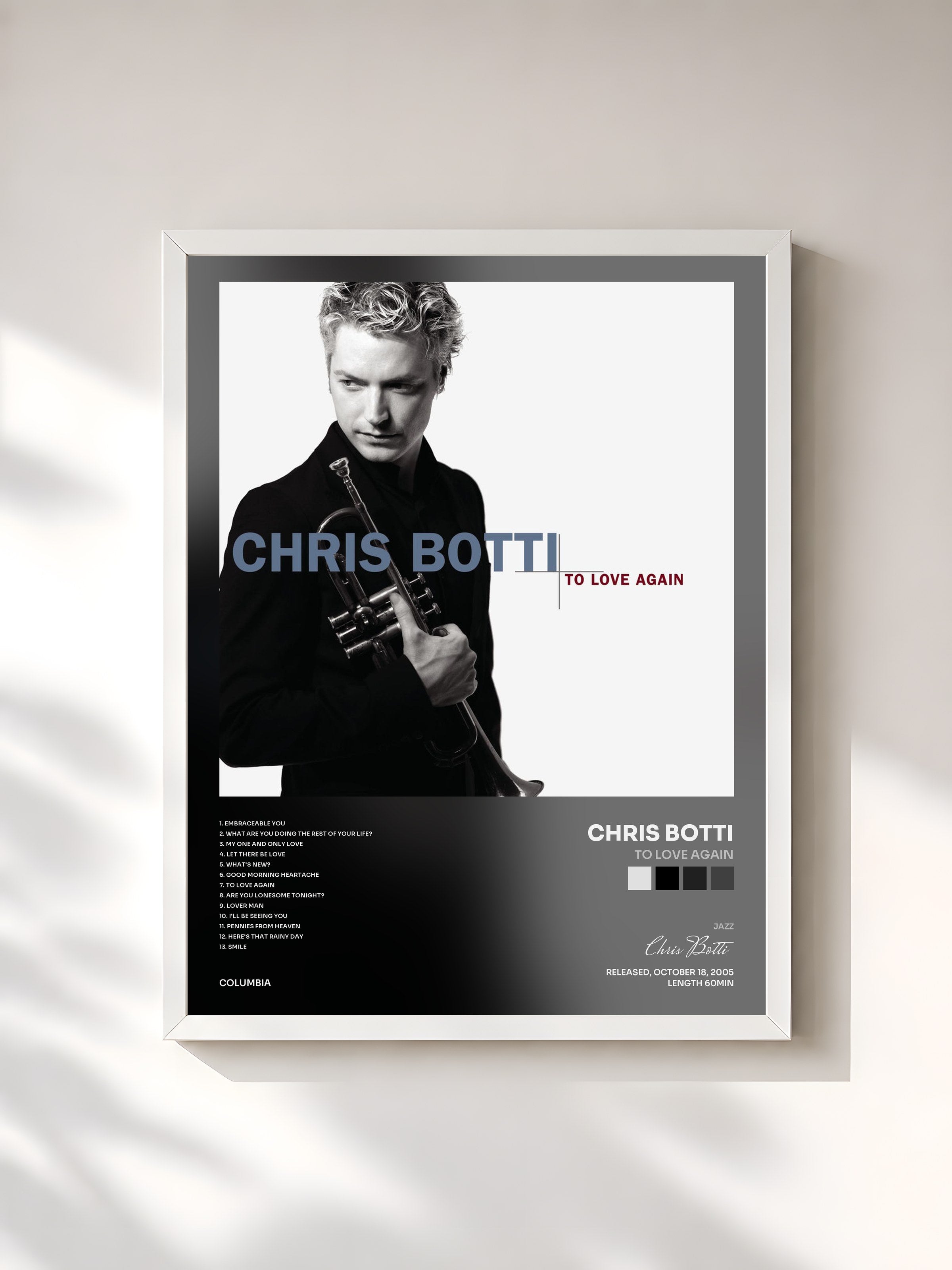 #blanc Tableau de l'album To Love Again de Chris Botti, cadre blanc, imprimé et encadré en France
