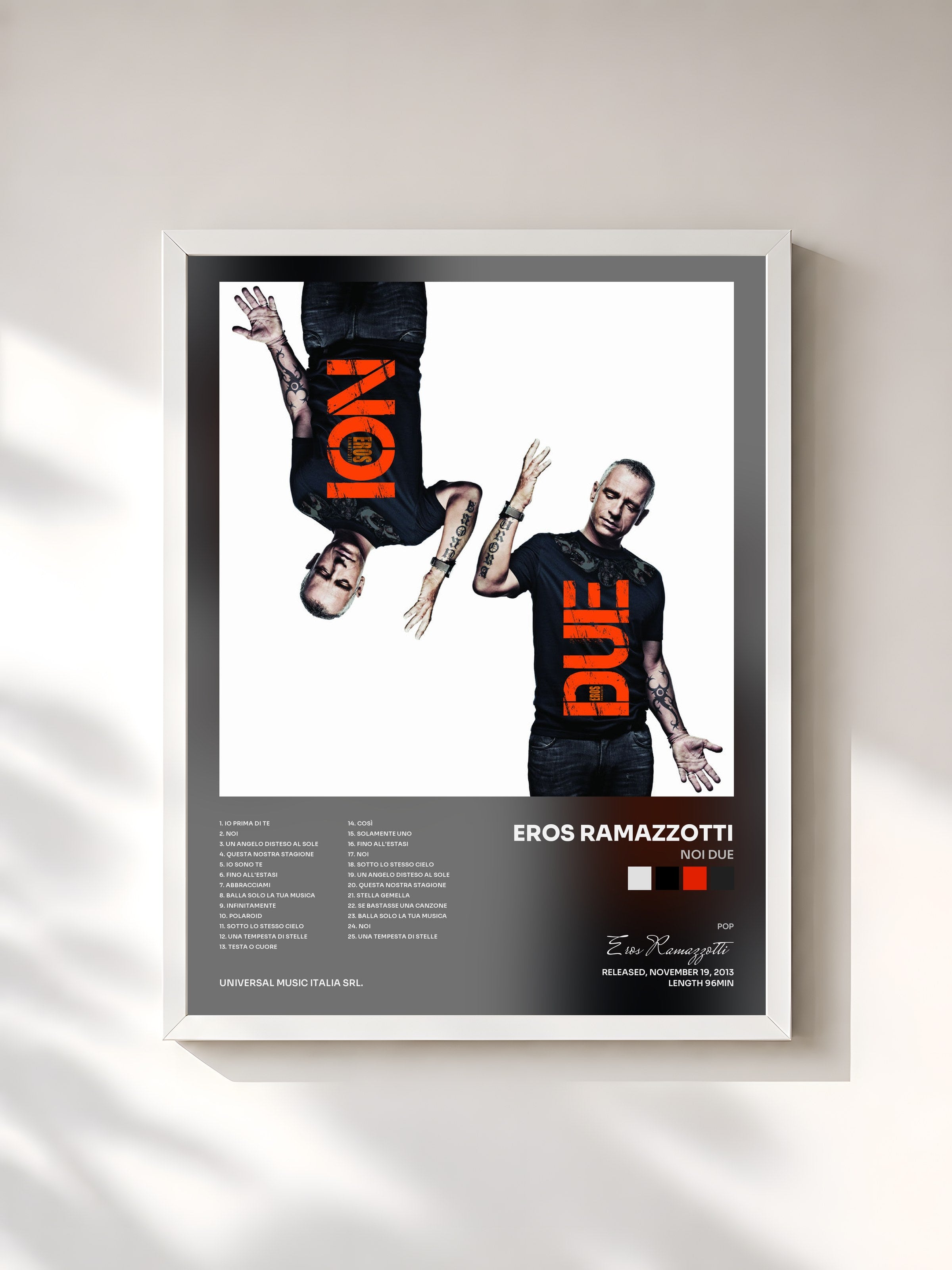 #blanc Tableau de l'album Noi Due de Eros Ramazzotti, cadre blanc, imprimé et encadré en France
