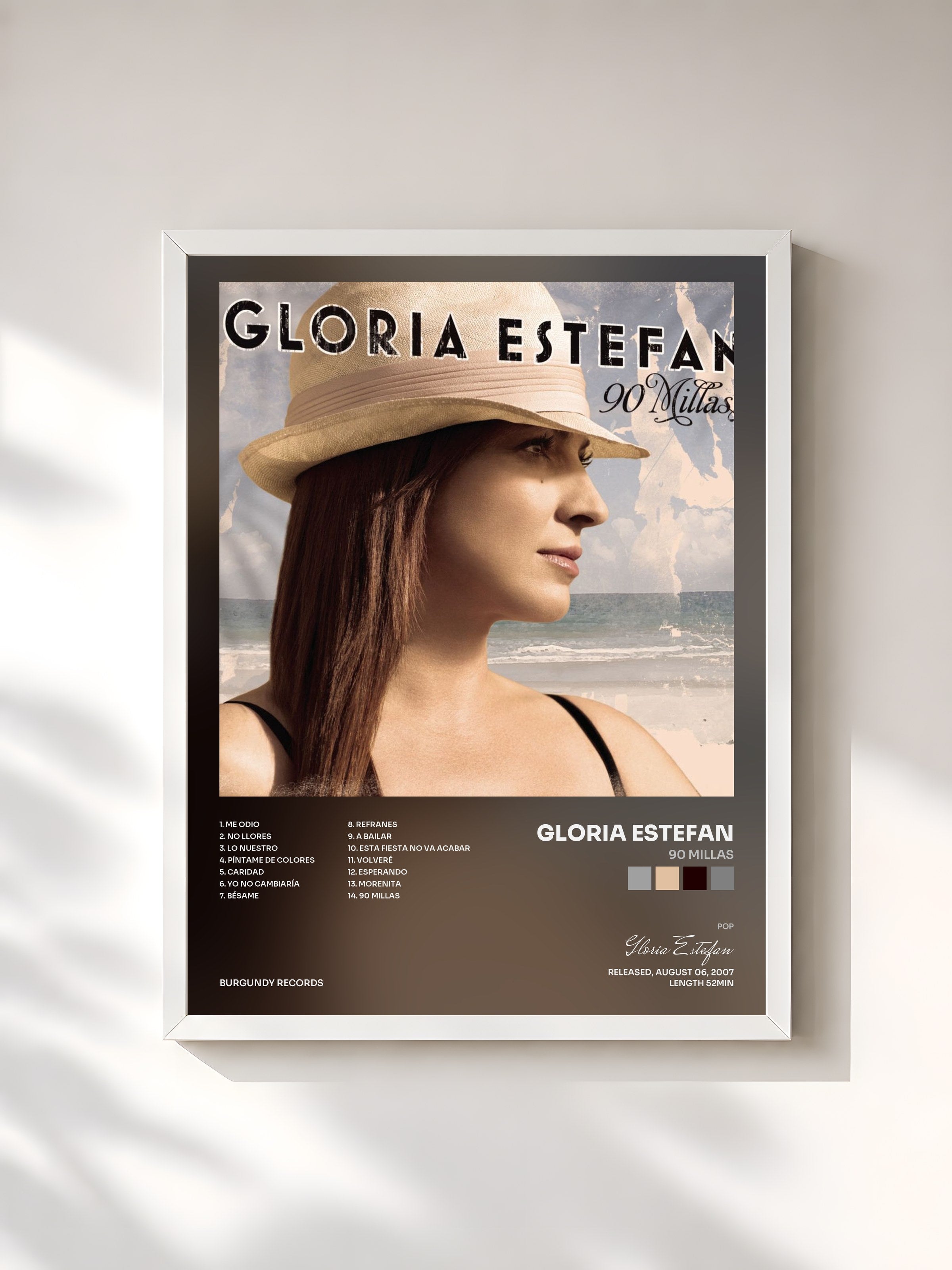 #blanc Tableau de l'album 90 Millas de Gloria Estefan, cadre blanc, imprimé et encadré en France