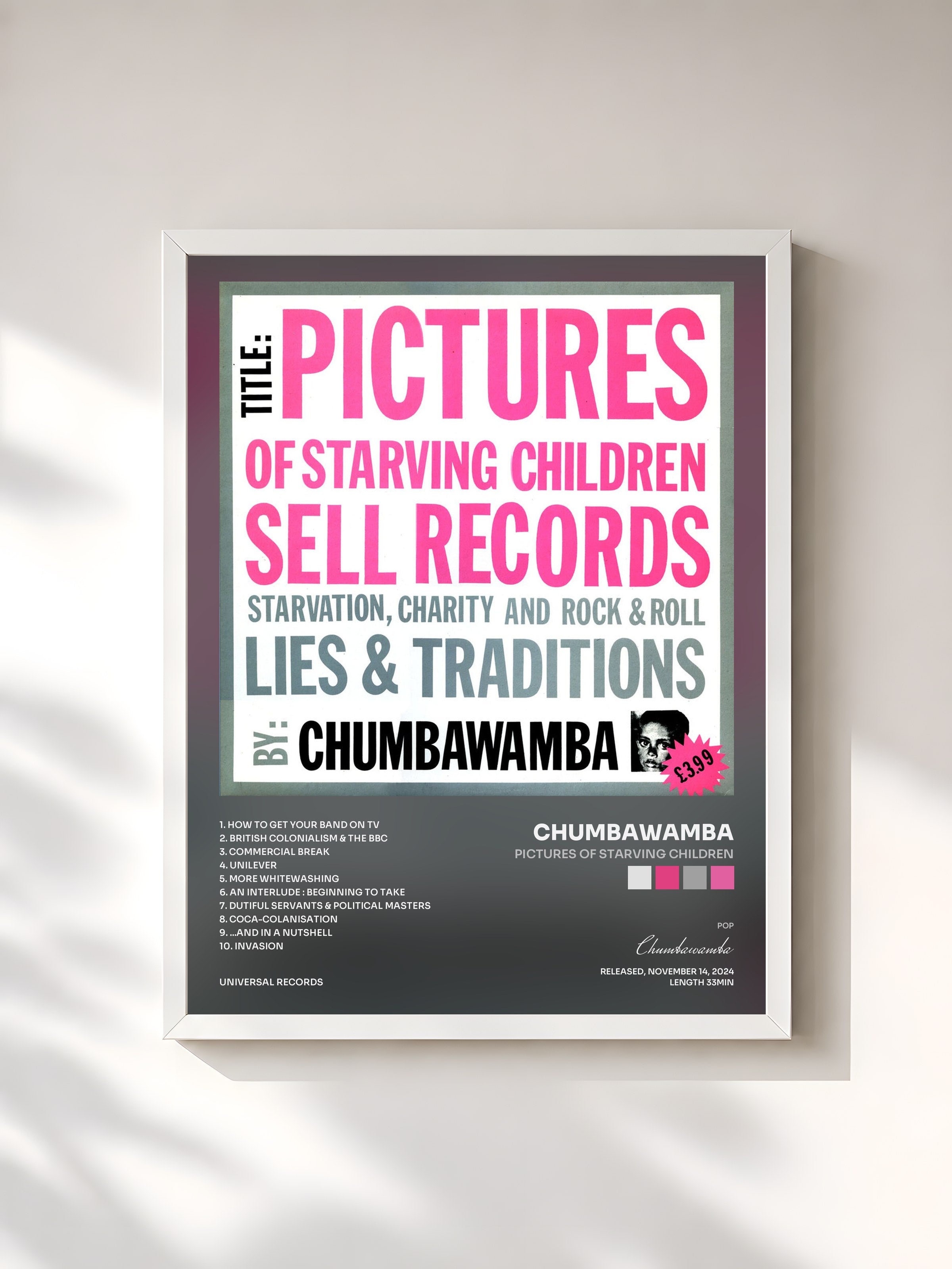 #blanc Tableau de l'album Pictures of Starving Children de Chumbawamba, cadre blanc, imprimé et encadré en France