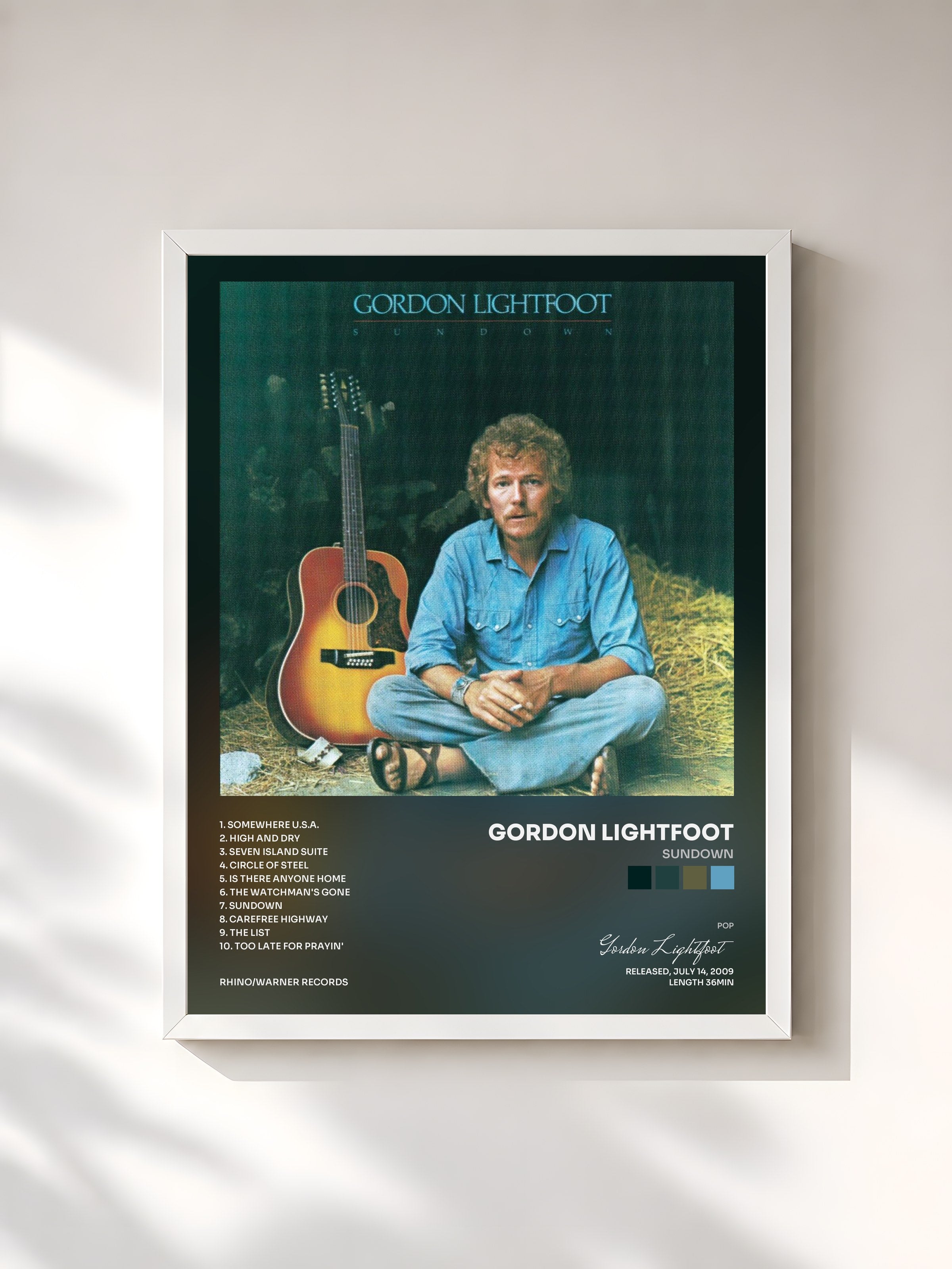 #blanc Tableau de l'album Sundown de Gordon Lightfoot, cadre blanc, imprimé et encadré en France