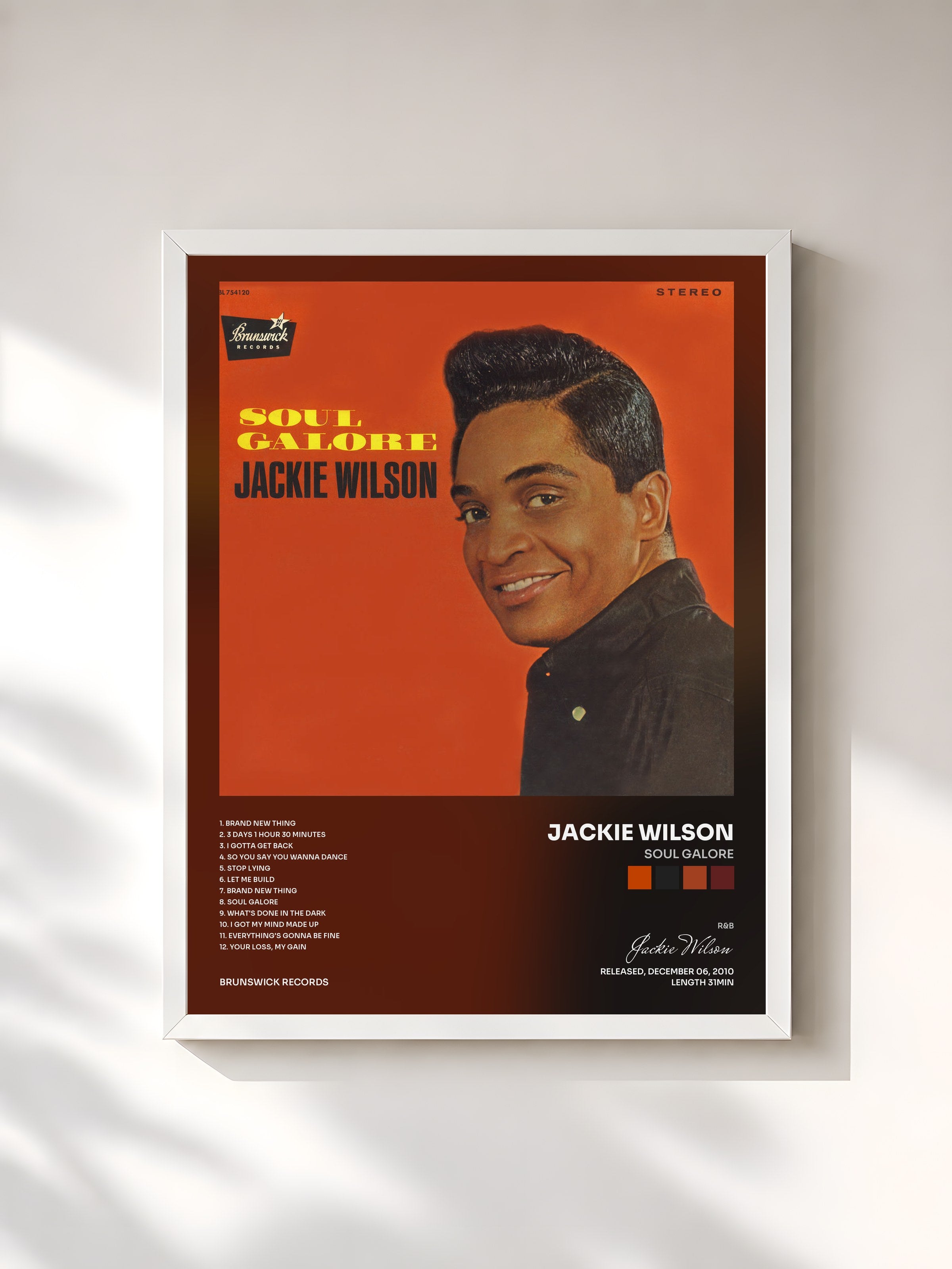 #blanc Tableau de l'album Soul Galore de Jackie Wilson, cadre blanc, imprimé et encadré en France