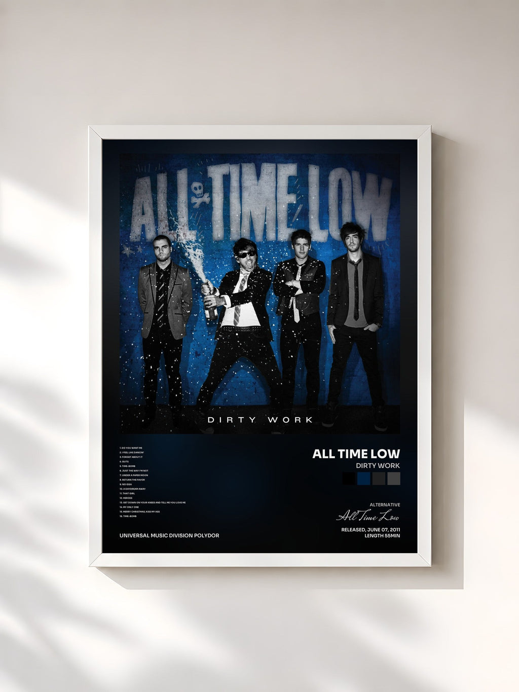 #blanc Tableau de l'album Dirty Work de All Time Low, cadre blanc, imprimé et encadré en France