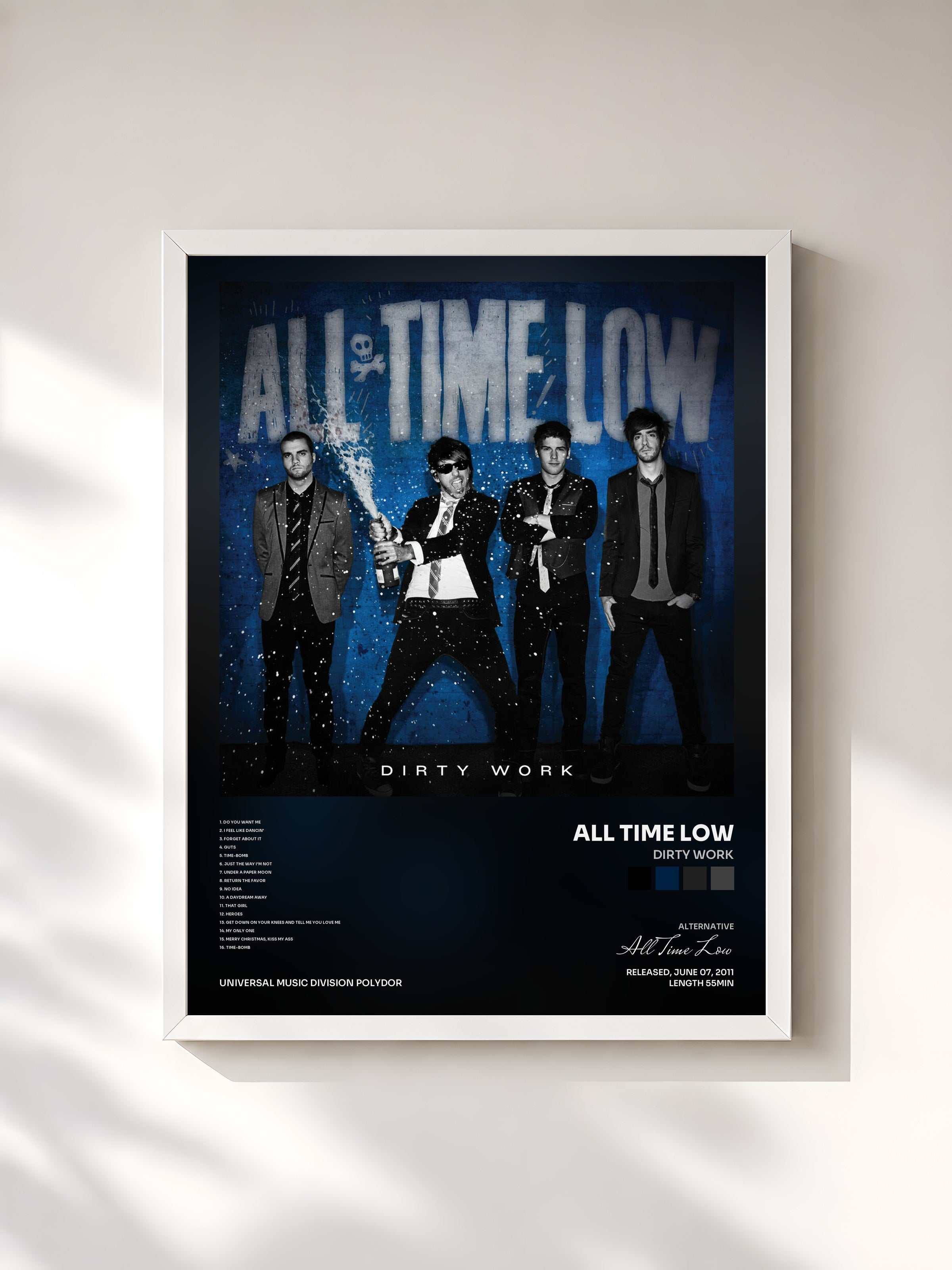 #blanc Tableau de l'album Dirty Work de All Time Low, cadre blanc, imprimé et encadré en France