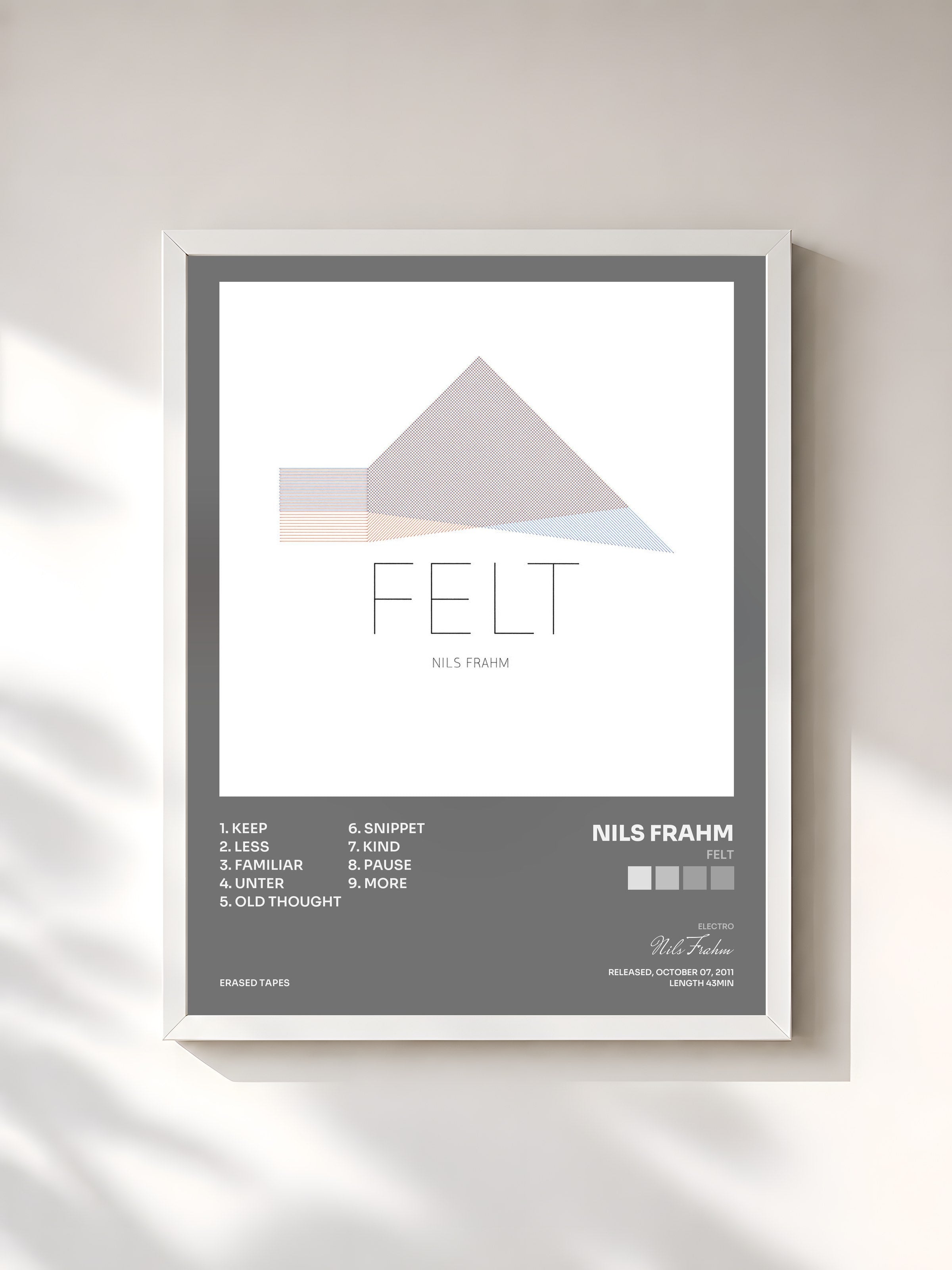 #blanc Tableau de l'album Felt de Nils Frahm, cadre blanc, imprimé et encadré en France