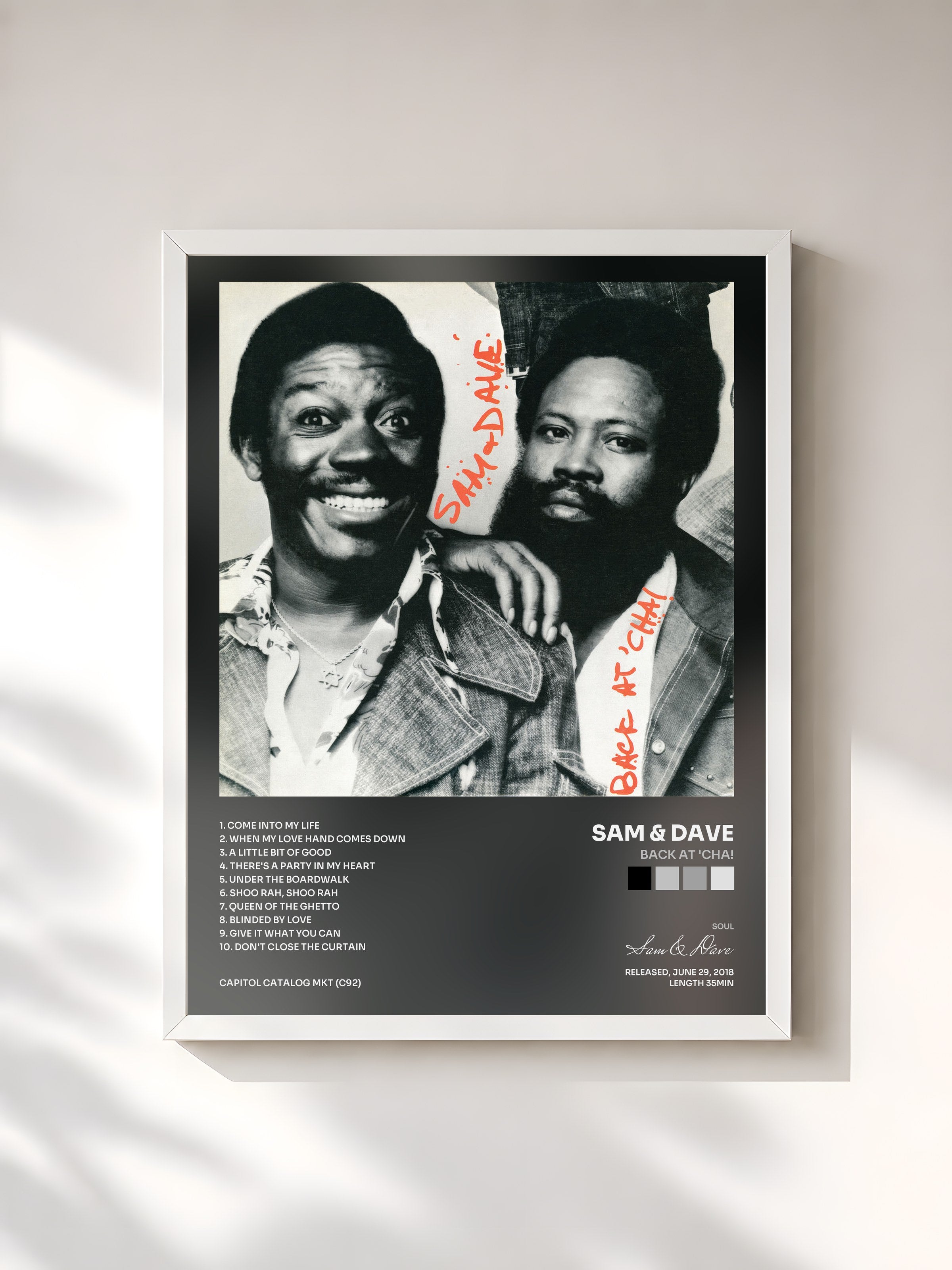#blanc Tableau de l'album Back At 'Cha! de Sam & Dave, cadre blanc, imprimé et encadré en France