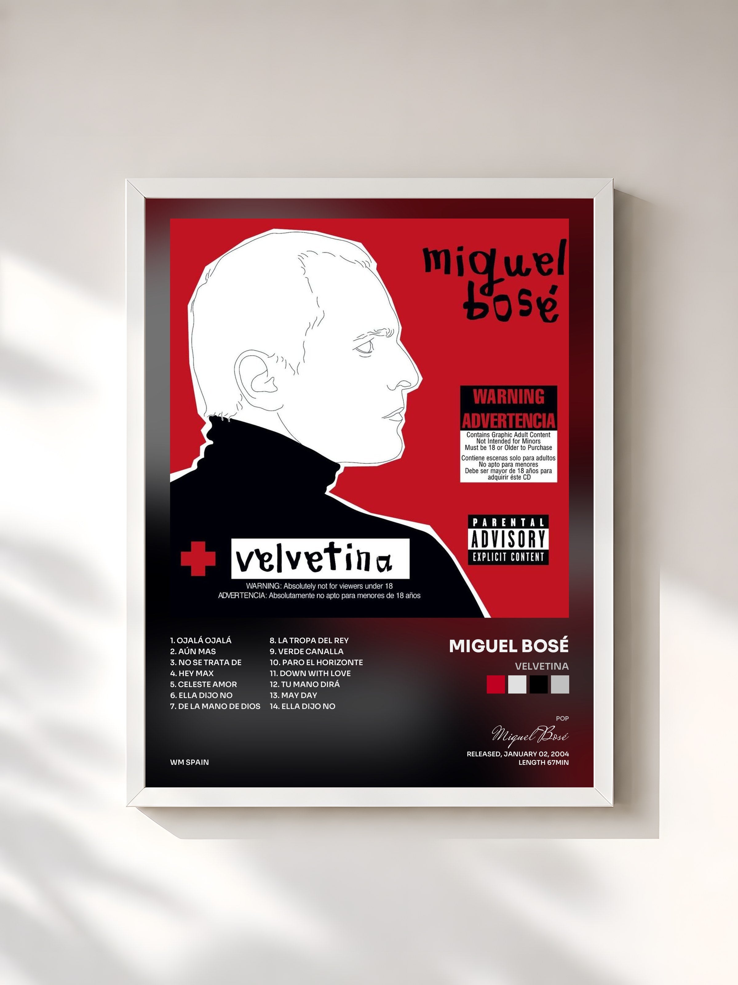 #blanc Tableau de l'album Velvetina de Miguel Bosé, cadre blanc, imprimé et encadré en France