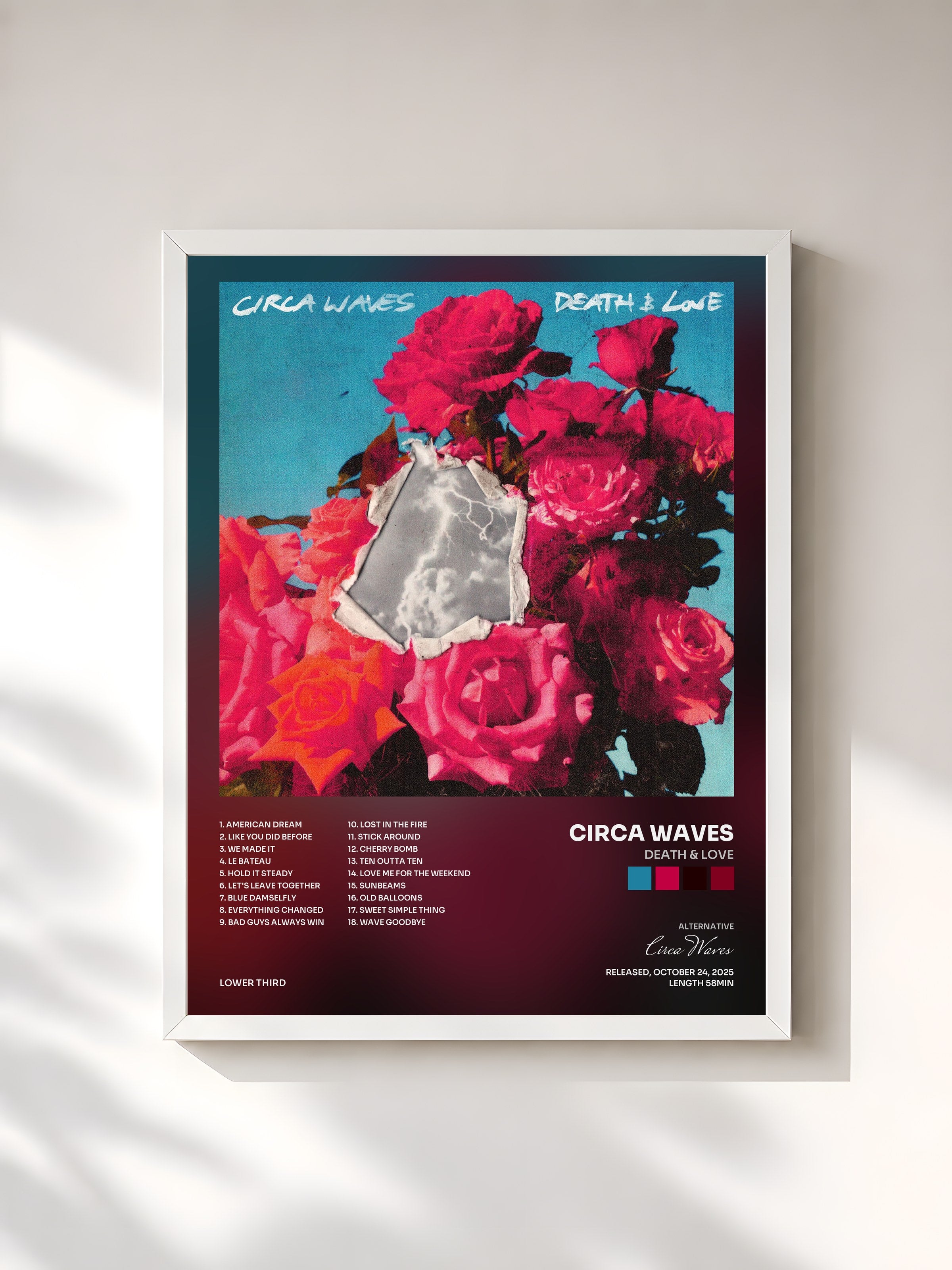 #blanc Tableau de l'album Death & Love de Circa Waves, cadre blanc, imprimé et encadré en France