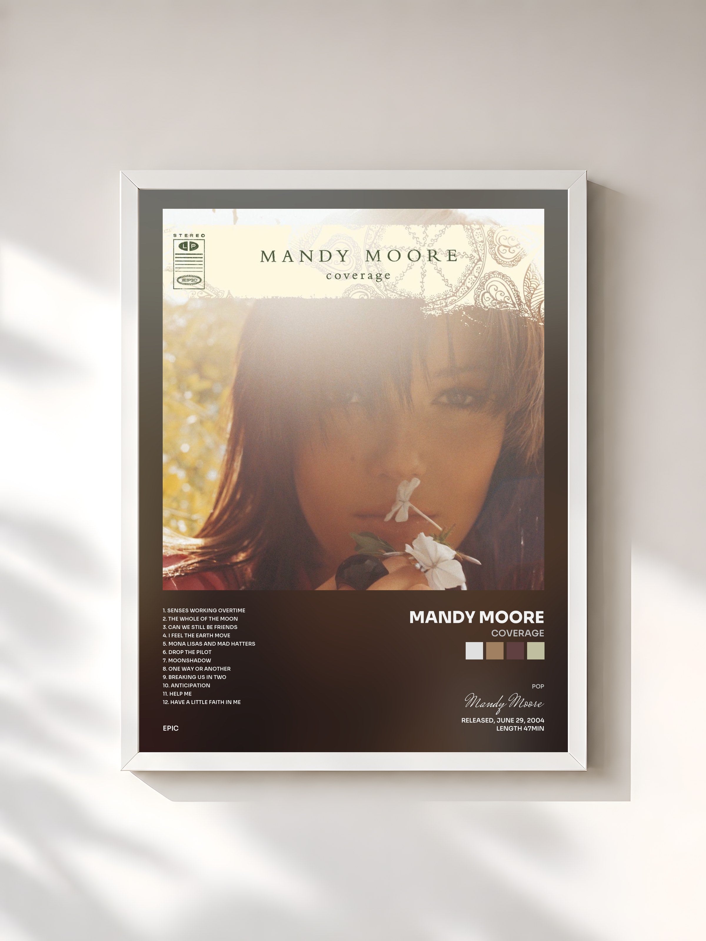 #blanc Tableau de l'album Coverage de Mandy Moore, cadre blanc, imprimé et encadré en France