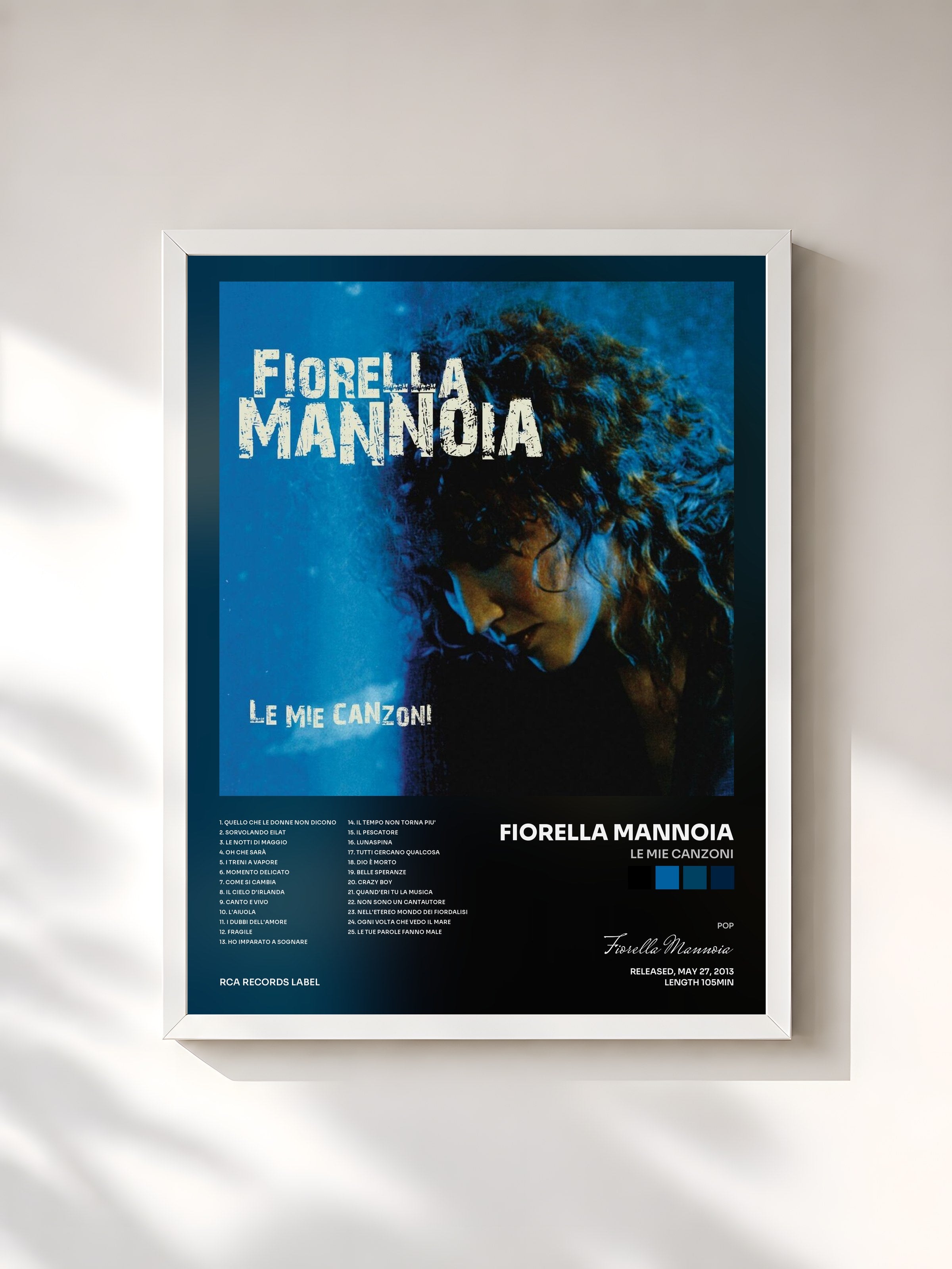#blanc Tableau de l'album Le Mie Canzoni de Fiorella Mannoia, cadre blanc, imprimé et encadré en France