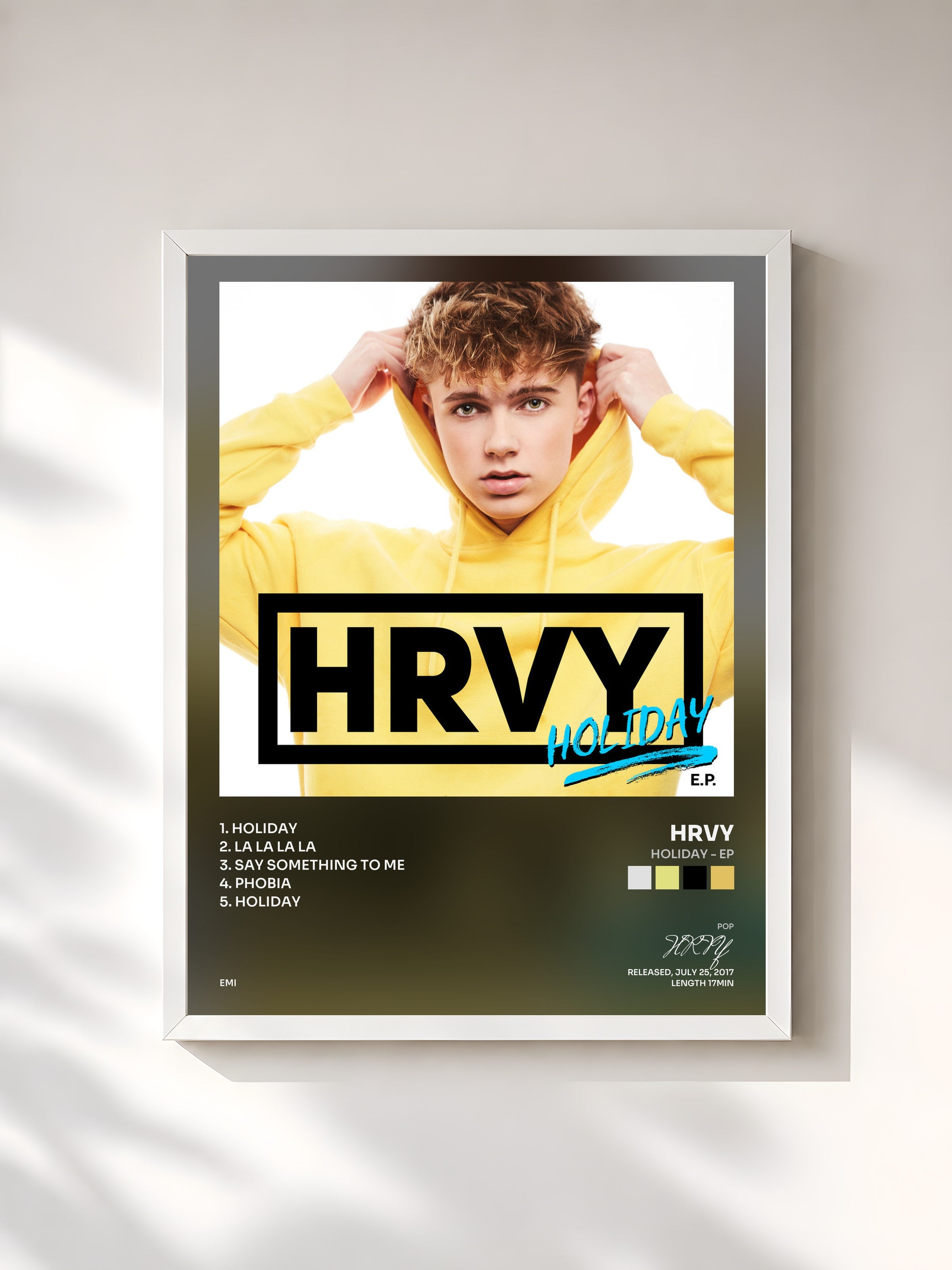 #blanc Tableau de l'album Holiday - EP de HRVY, cadre blanc, imprimé et encadré en France