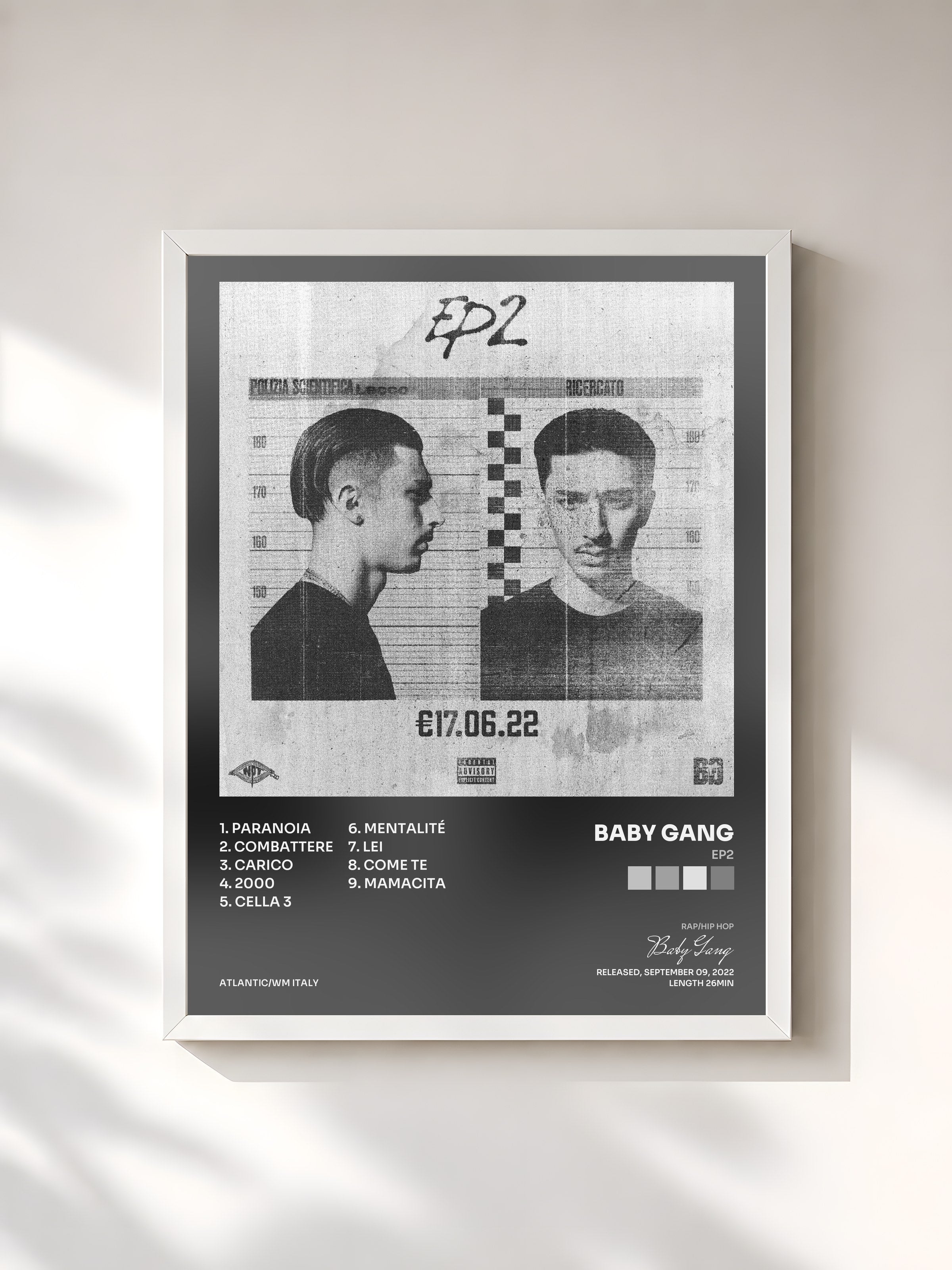 #blanc Tableau de l'album EP2 de Baby Gang, cadre blanc, imprimé et encadré en France