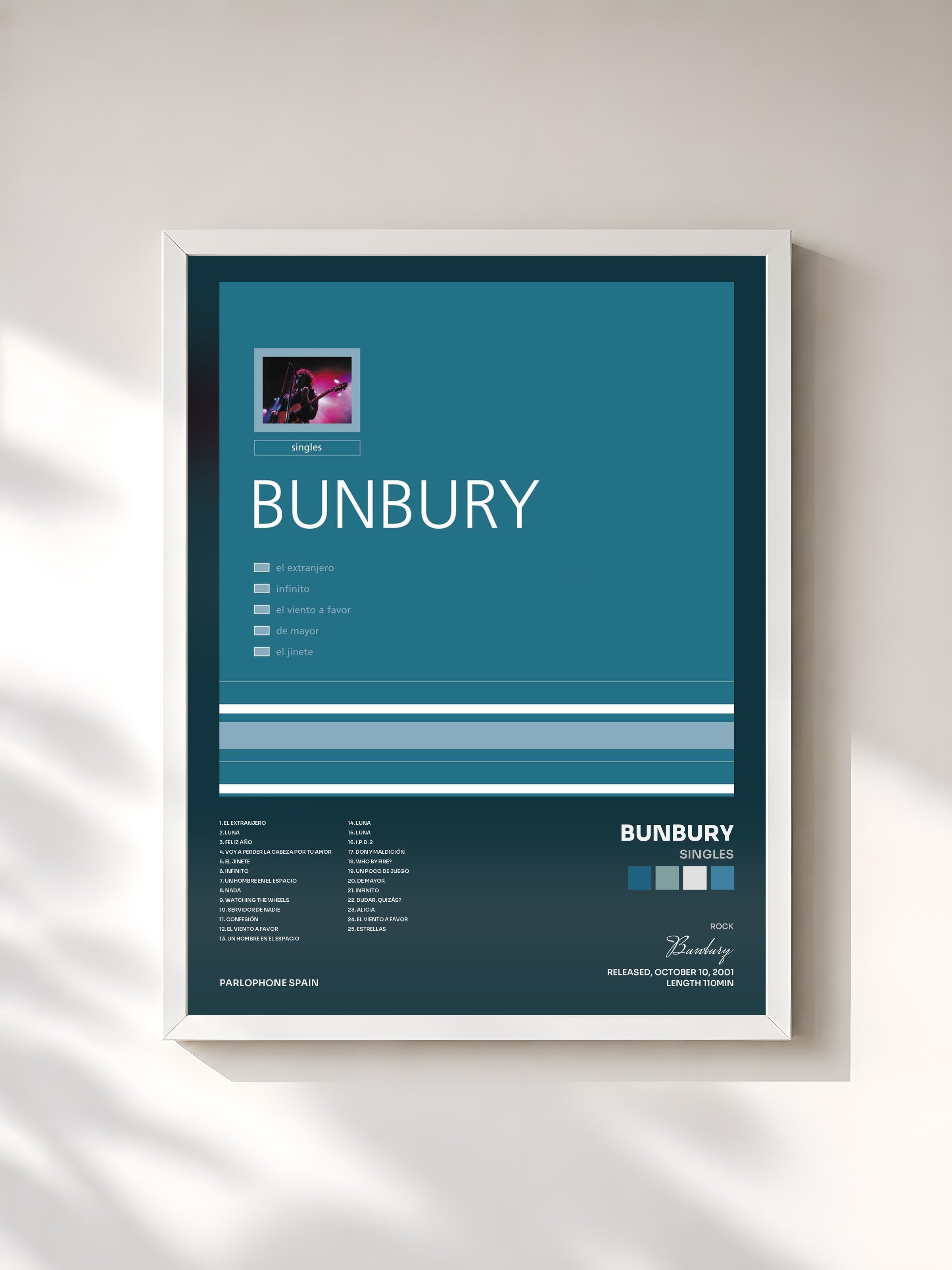 #blanc Tableau de l'album Singles de Bunbury, cadre blanc, imprimé et encadré en France