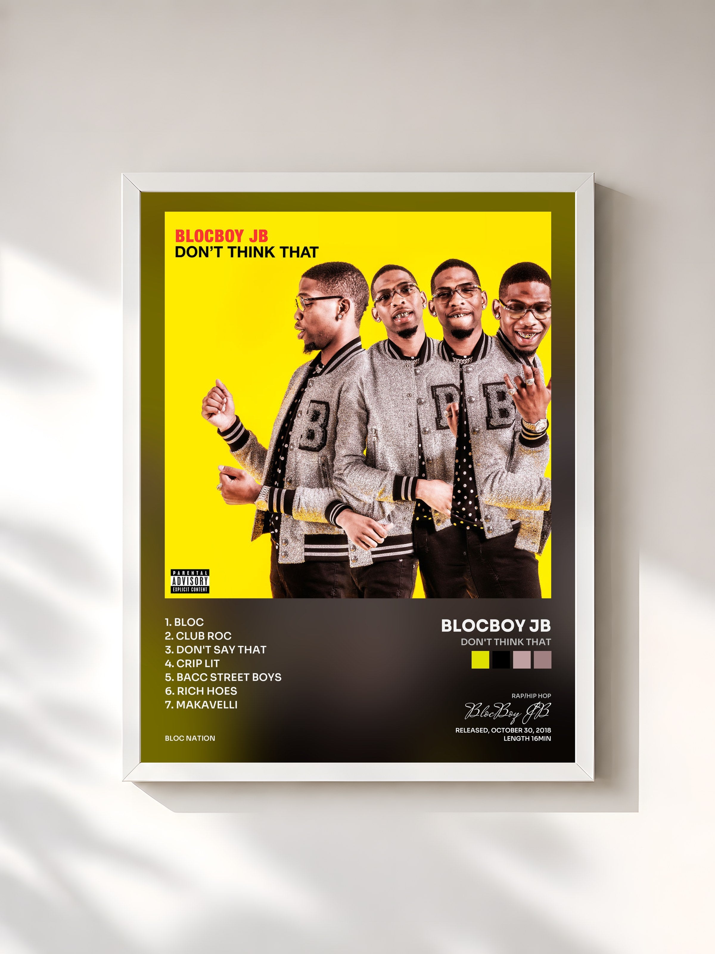 #blanc Tableau de l'album Don't Think That de BlocBoy JB, cadre blanc, imprimé et encadré en France